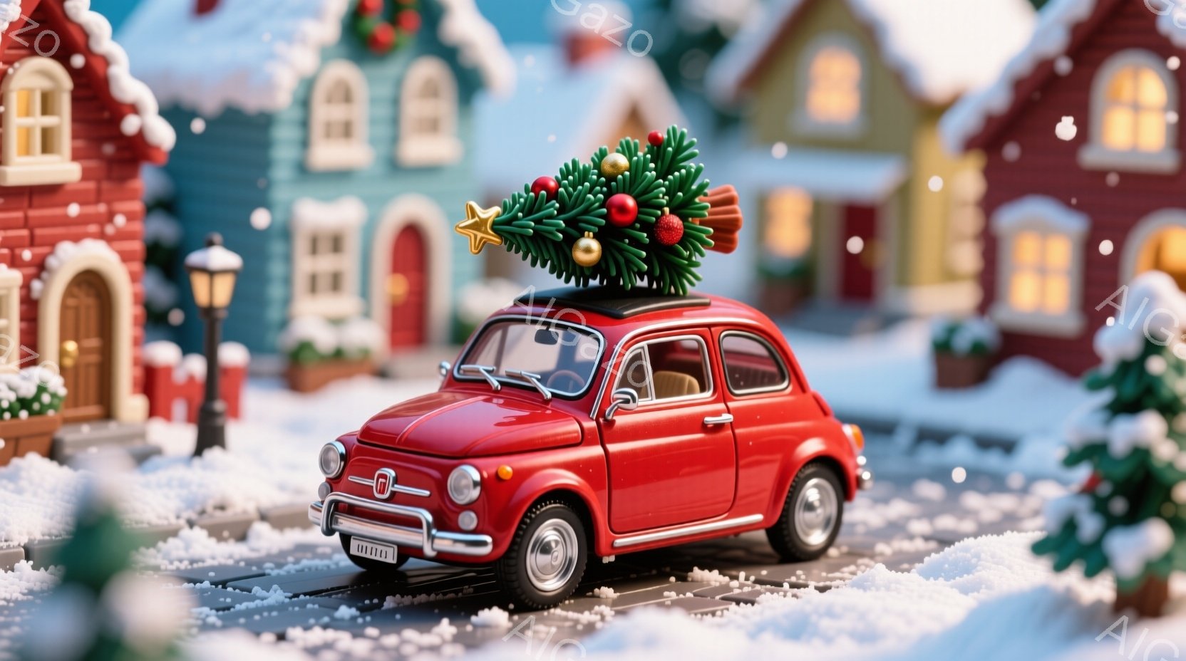 真っ赤な小さな車が、クリスマスの緑色のモミの木を乗せて雪の中を走っています。背景には、カラフルな屋根と雪で覆われた建物が並び、まるでクリスマスのカードのような光景です。雪が舞い散り、暖かく、お祝いの雰 - AI生成フリー素材