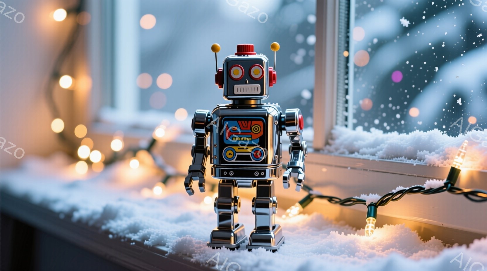 銀色のレトロなロボットが、雪が積もった窓辺に立っている。ロボットは赤い目とアンテナを持ち、胸にはカラフルなボタンが並んでいる。背景にはぼやけた街並みと、暖かい光を放つクリスマスイルミネーションがあり、 - AI生成フリー素材