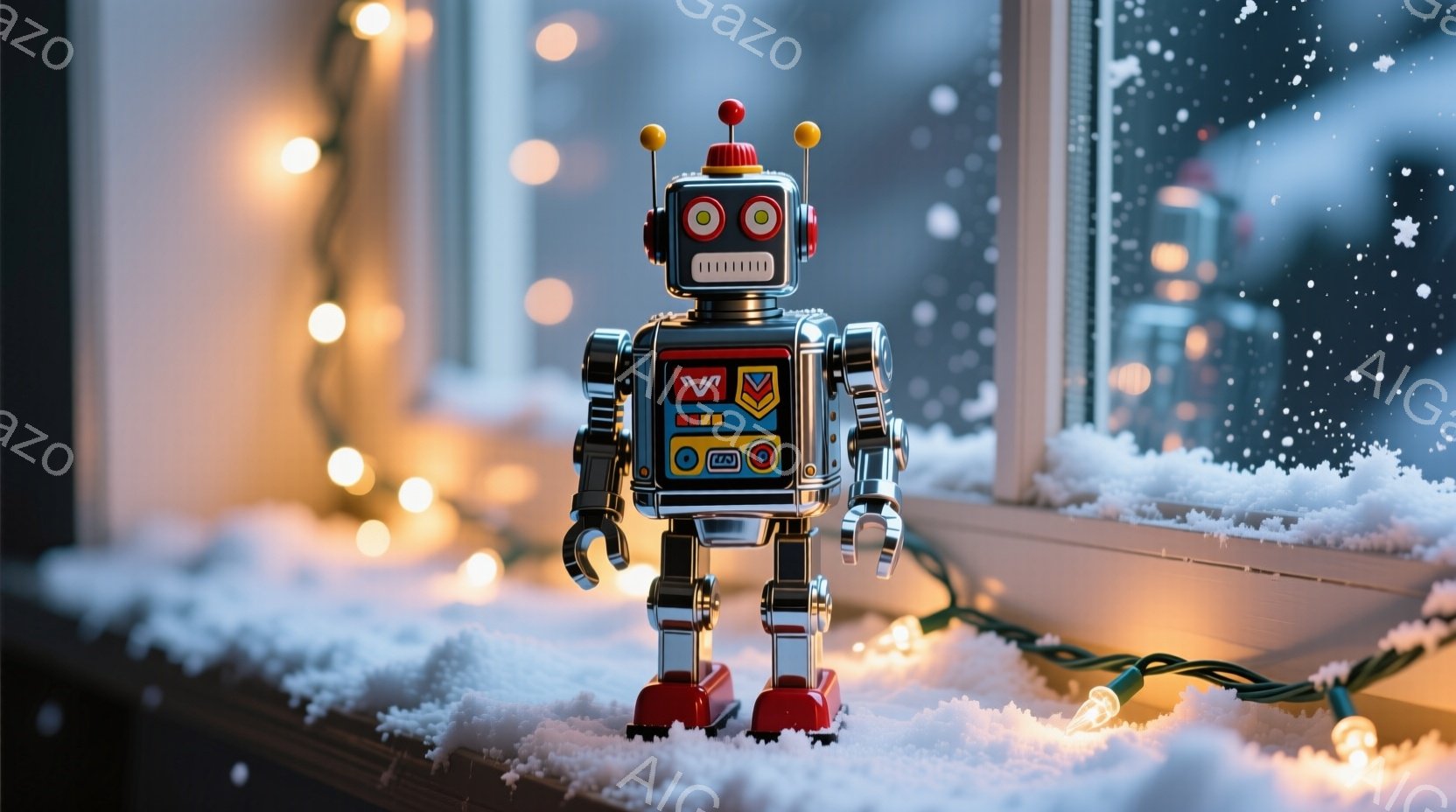 銀色のレトロなロボットが、窓辺の雪の上に立っている。ロボットは赤い頭部と胸部、そして緑色の目を持つ。背景にはぼやけた街並みと、暖かく輝くクリスマスツリーのライトが散りばめられており、冬の穏やかな雰囲気 - AI生成フリー素材