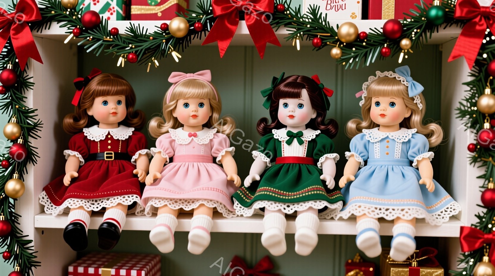 4体の人形が棚の上に並んで座っており、それぞれ赤い、ピンク、緑、水色のドレスを着用しています。人形たちは金髪または茶髪で、カールした髪型に白い靴下を履いています。背景にはクリスマスツリーの飾り付けがあ - AI生成フリー素材