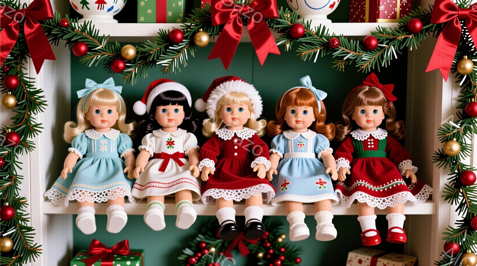 ５体の人形が棚の上に並んで座っています。それぞれ青、黒、赤、水色、緑のクリスマスらしいドレスを着ており、白い靴下を履いています。背景は緑色の壁で、クリスマスツリーの飾りやプレゼントで飾られ、暖かくお祝 - AI生成フリー素材