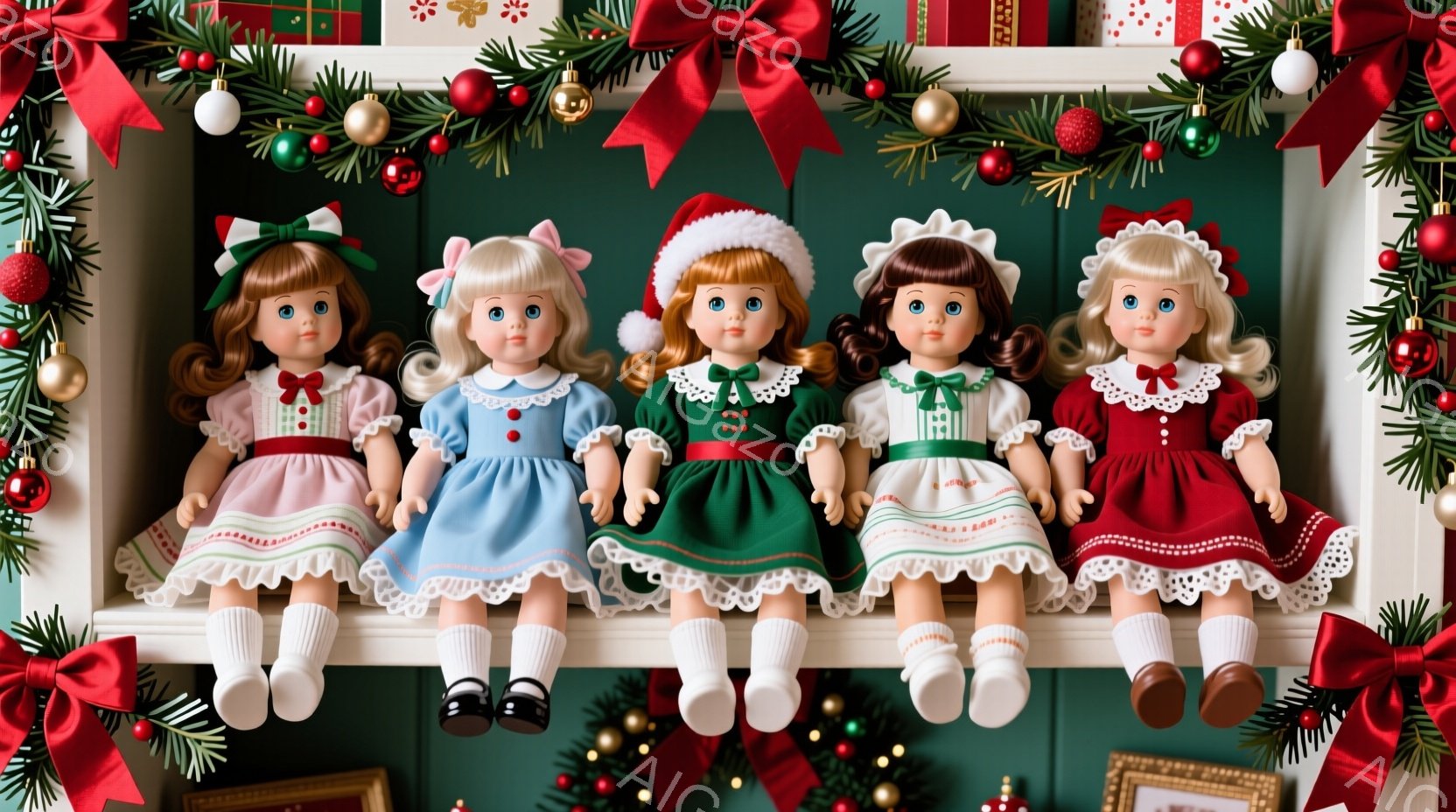 クリスマスをテーマにした画像で、5体の可愛らしい人形が並んでいます。それぞれピンク、ブルー、グリーン、レッドのドレスを着用し、白いソックスと黒い靴を履いています。背景にはクリスマスツリーやオーナメント - AI生成フリー素材