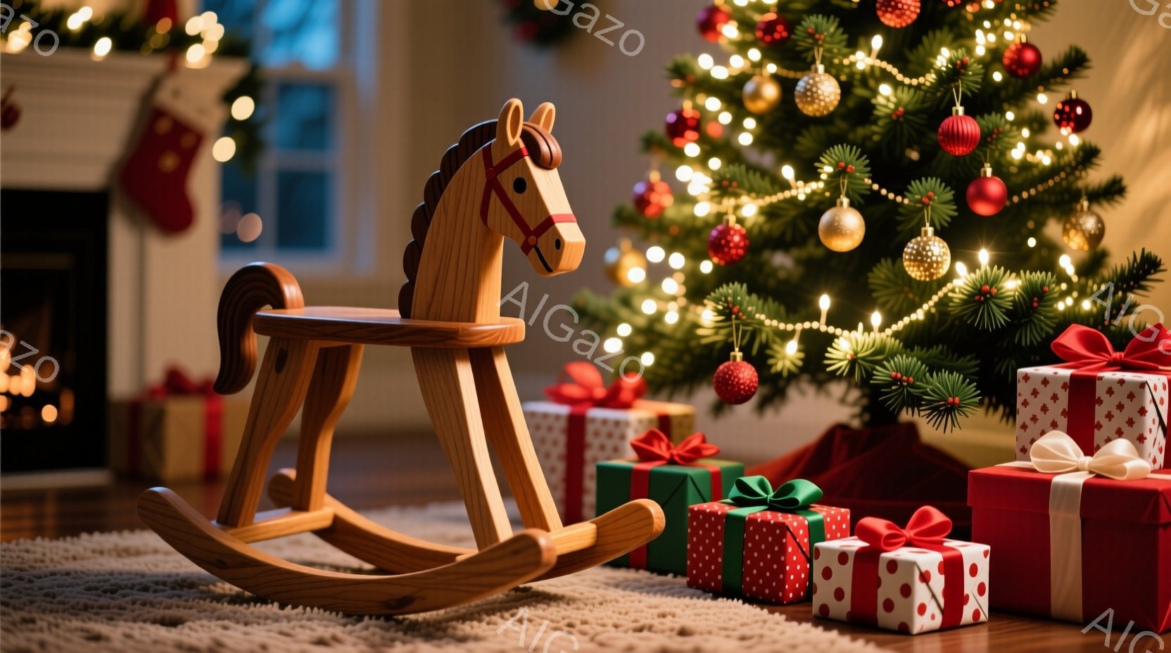暖炉のある部屋には、クリスマスツリーとプレゼントが置かれています。木製のロッキングホースが手前に置かれ、赤い敷物の上に立っています。クリスマスの飾り付けが暖かく、お祝いの雰囲気を醸し出しています。 - AI生成フリー素材