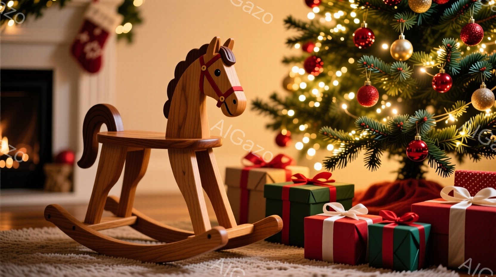 暖炉とクリスマスツリーのある室内で、木製のロッキングホースとプレゼントの箱が並んでいます。プレゼントは緑と赤でラッピングされ、白いリボンで飾られています。全体的に暖かく、お祝いの雰囲気が漂う、クリスマ - AI生成フリー素材