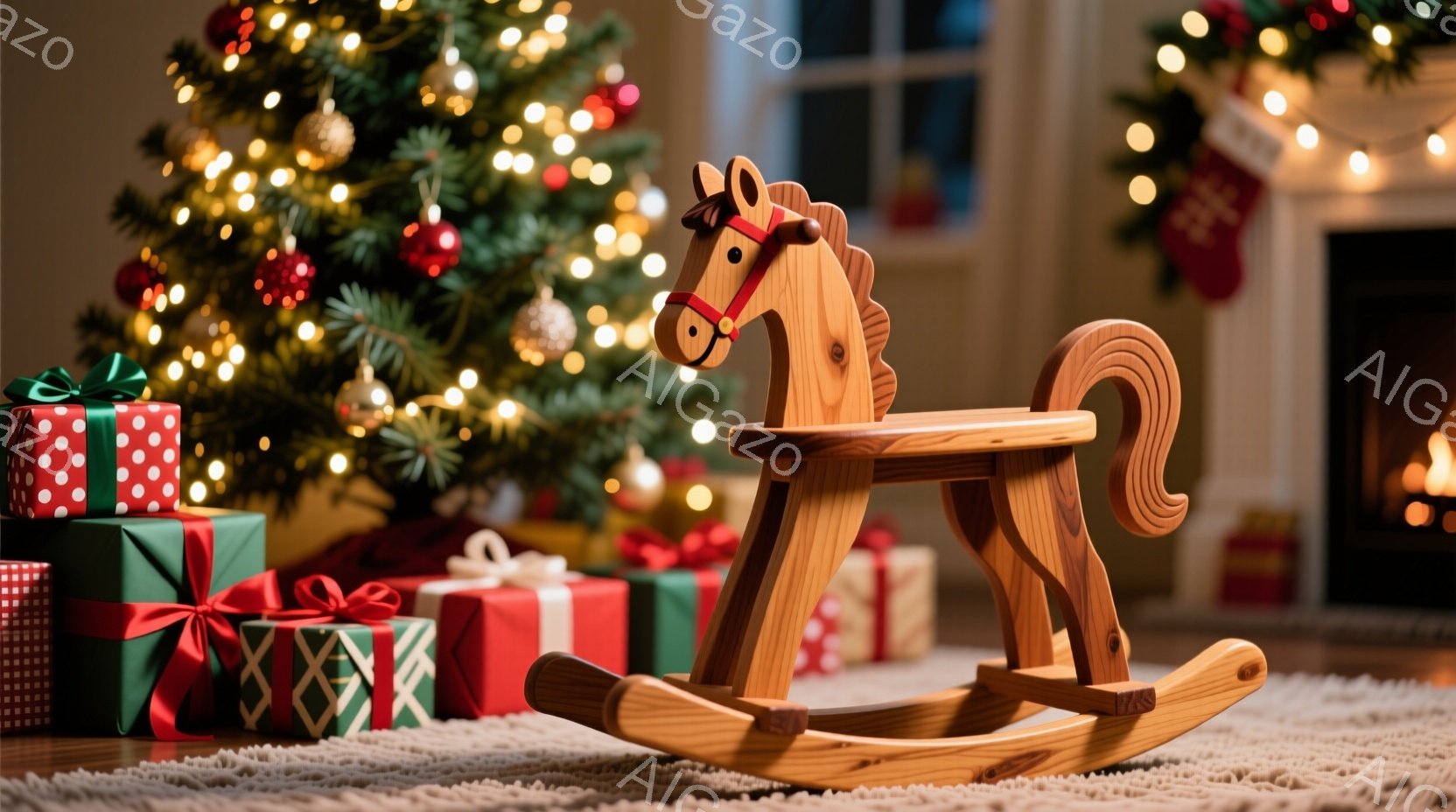 暖炉のそばに木製のロッキングホースが置かれ、背景にはクリスマスツリーが輝いています。プレゼントがロッキングホースの周りに積み重ねられ、暖かく、お祝いの雰囲気を作り出しています。全体的に、温かく、居心地 - AI生成フリー素材