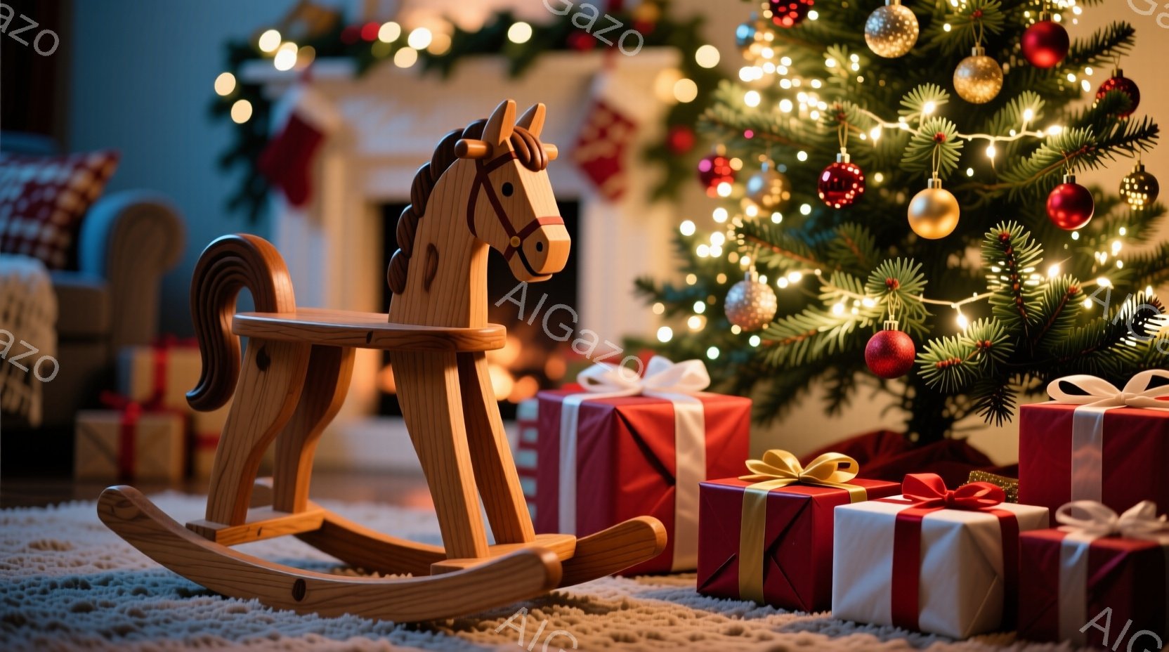 暖炉とクリスマスツリーが背景にぼやけて見える、毛並みの良いロッキングホースが白い毛布の上に置かれています。プレゼントボックスがいくつかロッキングホースの周りに配置されており、クリスマスらしい装飾が施さ - AI生成フリー素材