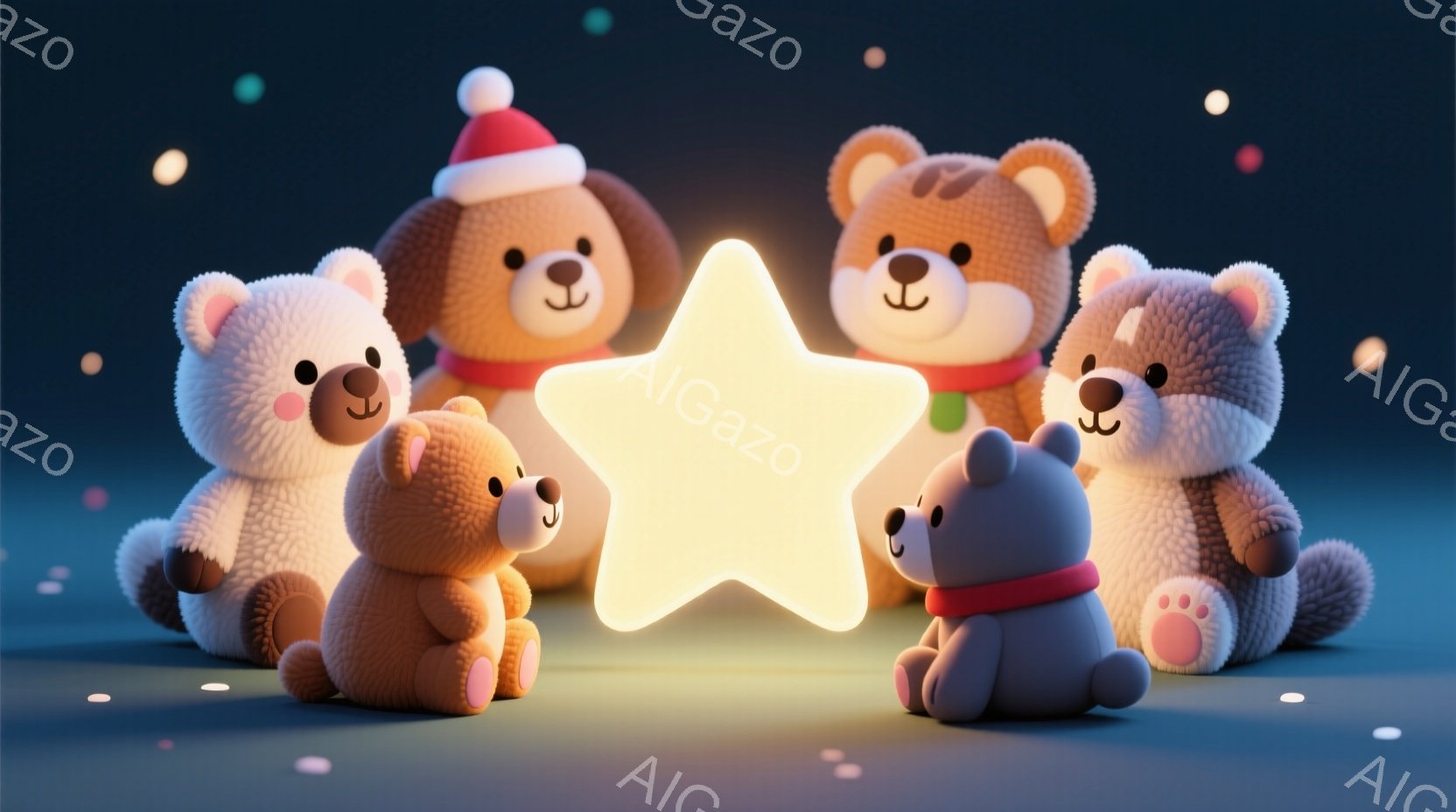 ふわふわのテディベアたちが、明るく光る星の周りを囲んで座っています。それぞれのクマは、赤や緑の可愛らしいセーターを着ており、穏やかで優しい表情をしています。背景は暗い青色で、小さな光の点が散りばめられ - AI生成フリー素材
