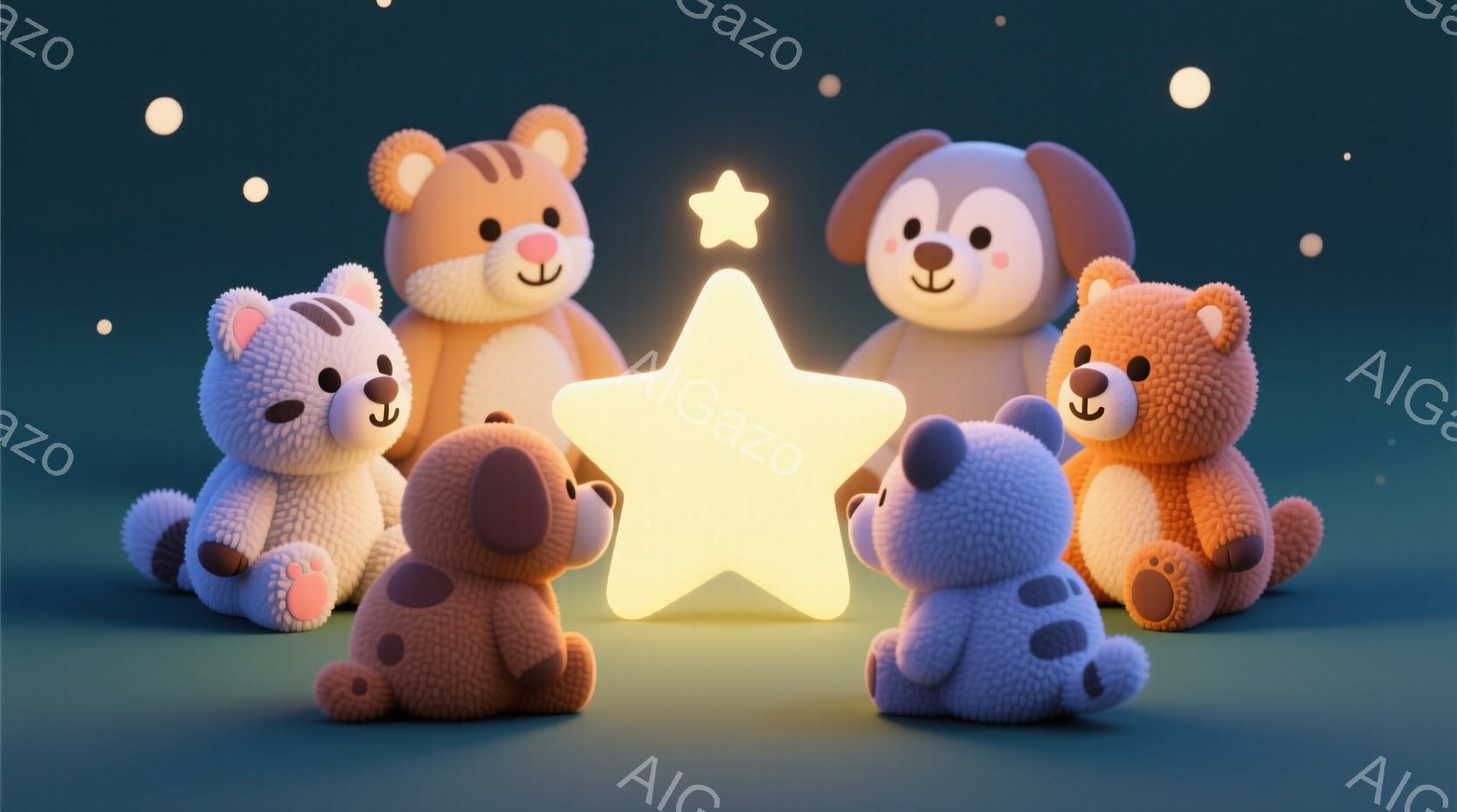 ぬいぐるみのような動物たちが星形の光の周りを囲んで座っています。それぞれの動物は異なる色と模様を持ち、愛らしい表情をしています。背景は濃い青色で、小さな白い光が散りばめられており、夢のような優しい雰囲 - AI生成フリー素材