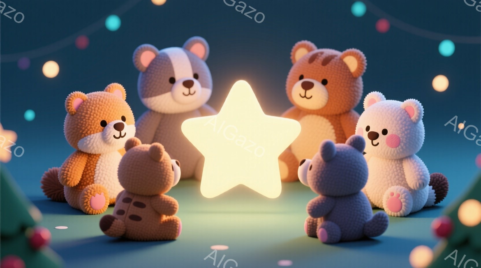 ふわふわとしたテディベアたちが、明るく光る星の形をしたライトを囲んで座っています。それぞれのベアは異なる毛色と少しずつ異なる表情をしており、暖かく優しい雰囲気を醸し出しています。背景にはクリスマスツリ - AI生成フリー素材