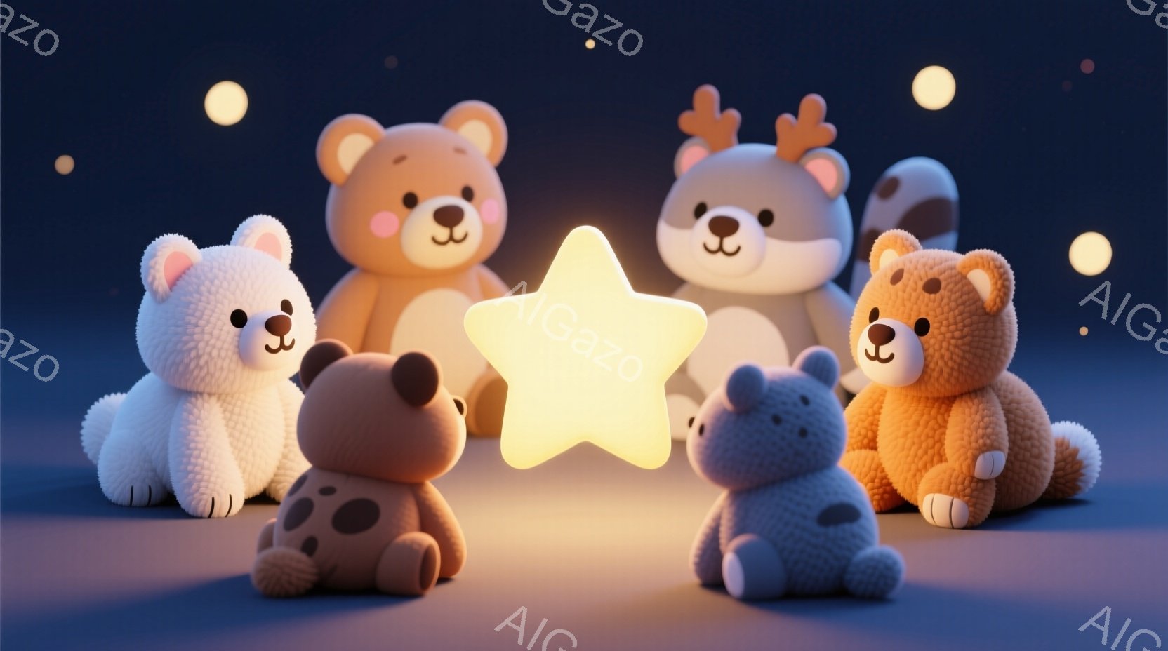 柔らかい毛並みを持つクマのぬいぐるみたちが、明るく光る星の周りに集まっている様子が描かれています。クマたちはそれぞれ異なる色合いと模様を持ち、優しい表情を浮かべています。暗い青色の背景には、ぼんやりと - AI生成フリー素材