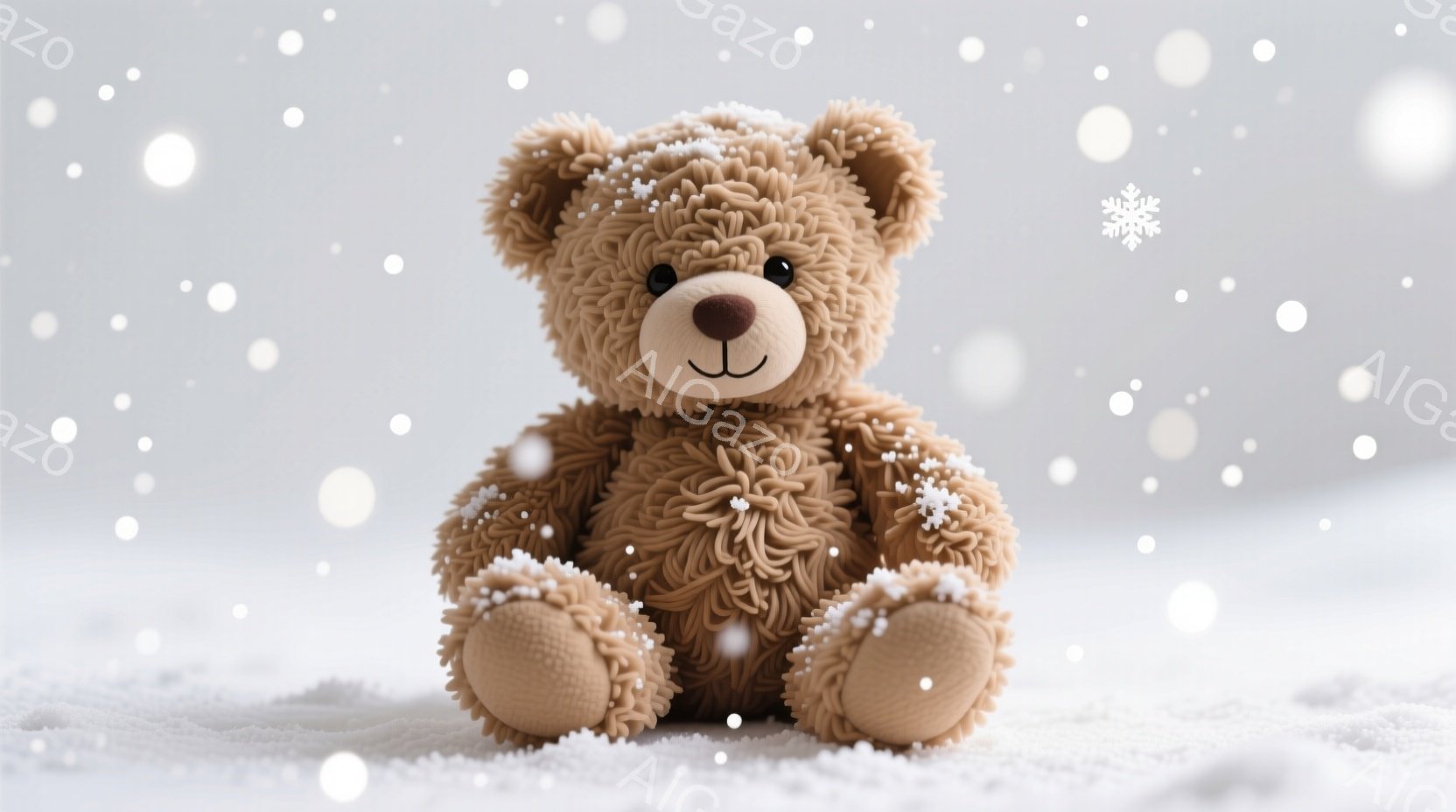 ふわふわの茶色のテディベアが雪の上に座っています。愛らしい表情をしており、鼻と口が控えめに微笑んでいるように見えます。背景は白く雪景色で、全体的に温かく可愛らしい雰囲気が漂っています。 - AI生成フリー素材