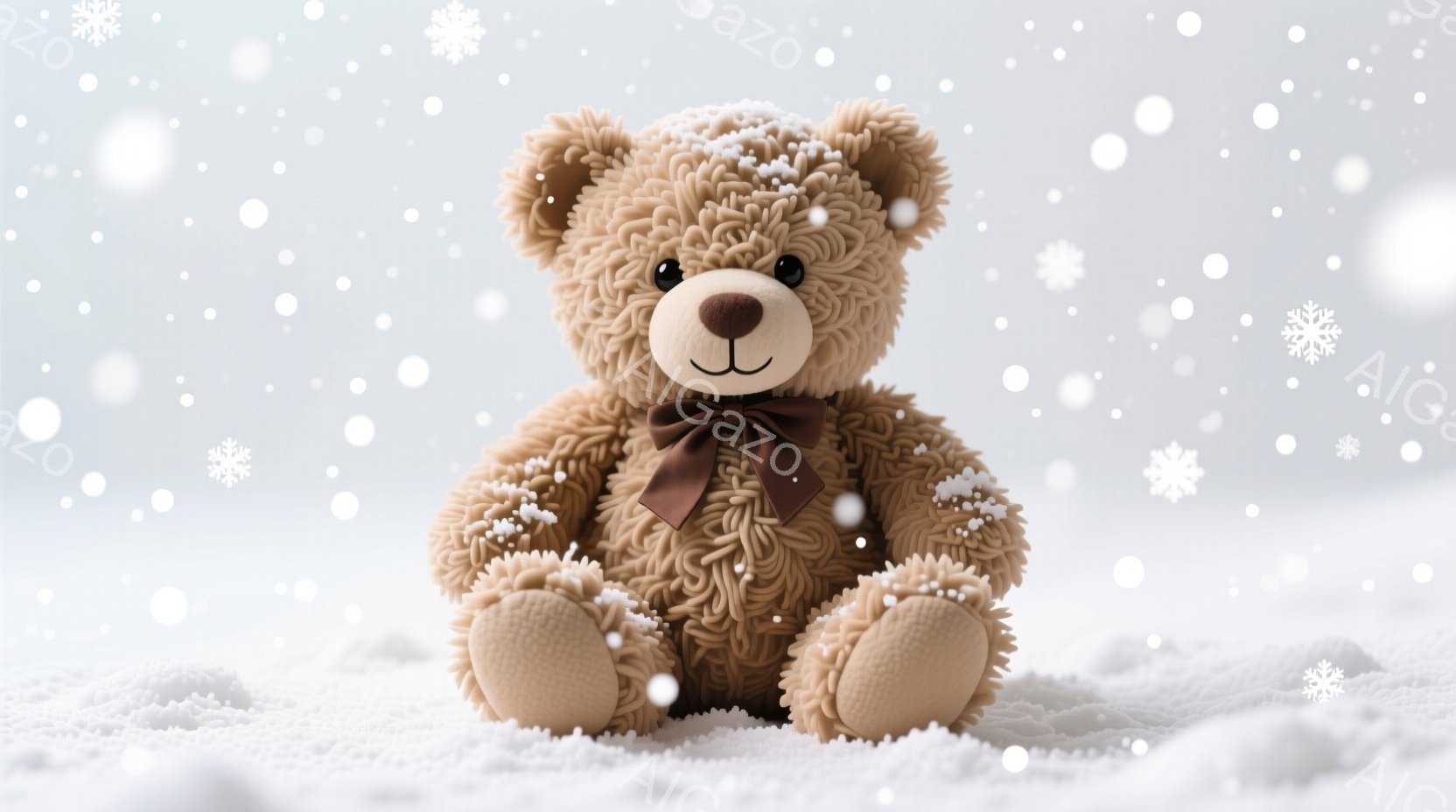 ふわふわとした茶色のテディベアが、白い背景に雪が舞う中で座っています。茶色のリボンが首に結ばれており、愛らしい表情で正面を見ています。全体的に暖かく、冬の穏やかな雰囲気を醸し出しています。 - AI生成フリー素材