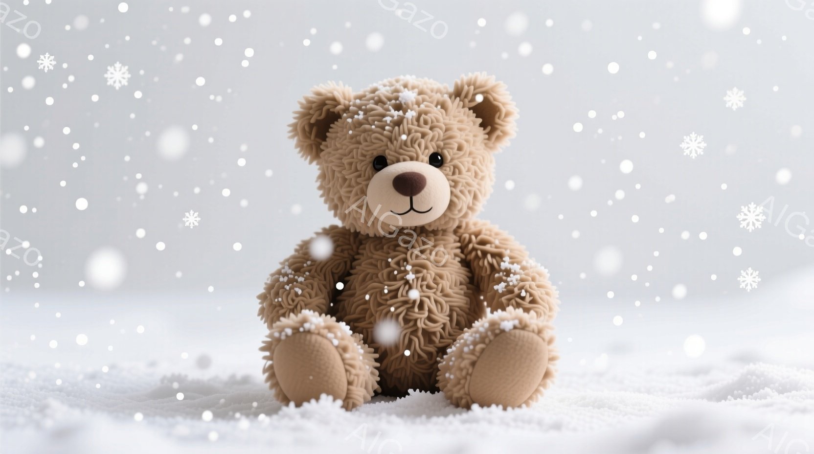 ふわふわの茶色いテディベアが雪の上に座っています。ベアは丸いフォルムで、つぶらな瞳と小さな鼻が愛らしい表情をしています。背景は白く、雪が舞い降りており、全体的に暖かく優しい雰囲気です。 - AI生成フリー素材