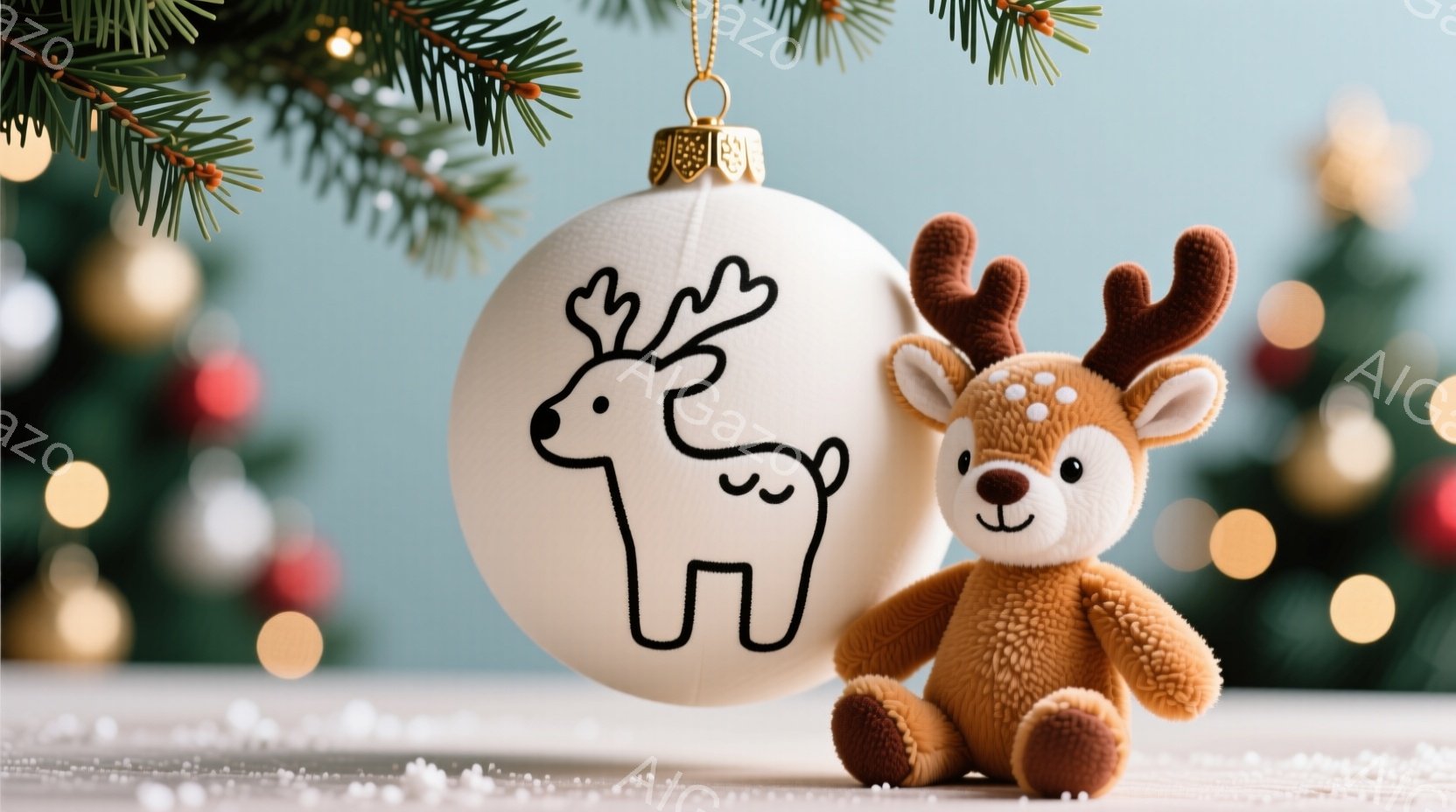 白い背景に、線画で描かれたトナカイが描かれたクリスマスオーナメントが吊り下げられています。その隣には、茶色い毛並みのトナカイのぬいぐるみがあり、穏やかな表情で正面を向いています。背景にはぼやけたクリス - AI生成フリー素材