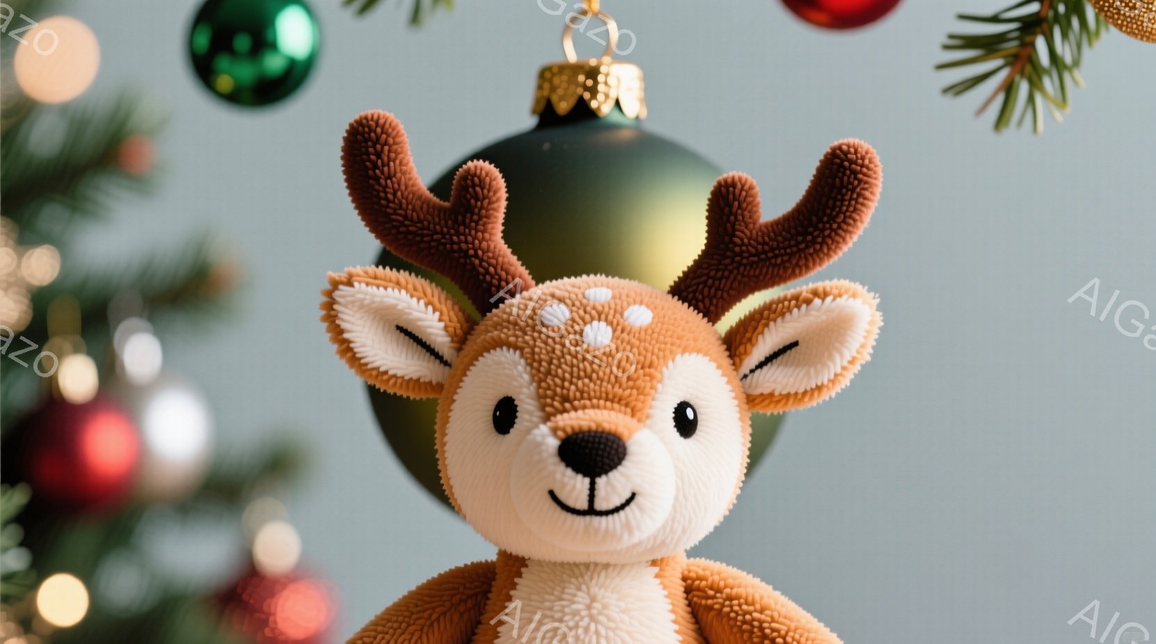 ふわふわの茶色のトナカイのぬいぐるみのおもちゃが写っています。大きな角と白い腹、そして愛らしい笑顔が印象的です。背景には緑と赤のクリスマスオーナメントと、ぼやけたクリスマスツリーの緑が見え、温かくお祝 - AI生成フリー素材