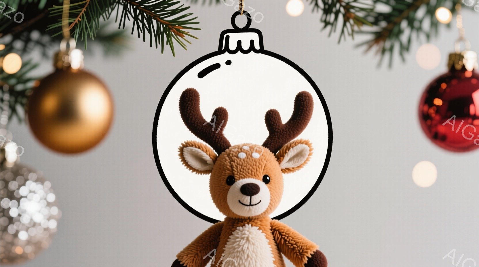 温かみのあるベージュ色のトナカイのぬいぐるみのおもちゃが、透明なオーナメントボールの中に収められています。トナカイは可愛らしい表情で、丸い耳と小さな鼻が特徴的です。背景には、クリスマスツリーの緑の葉や - AI生成フリー素材