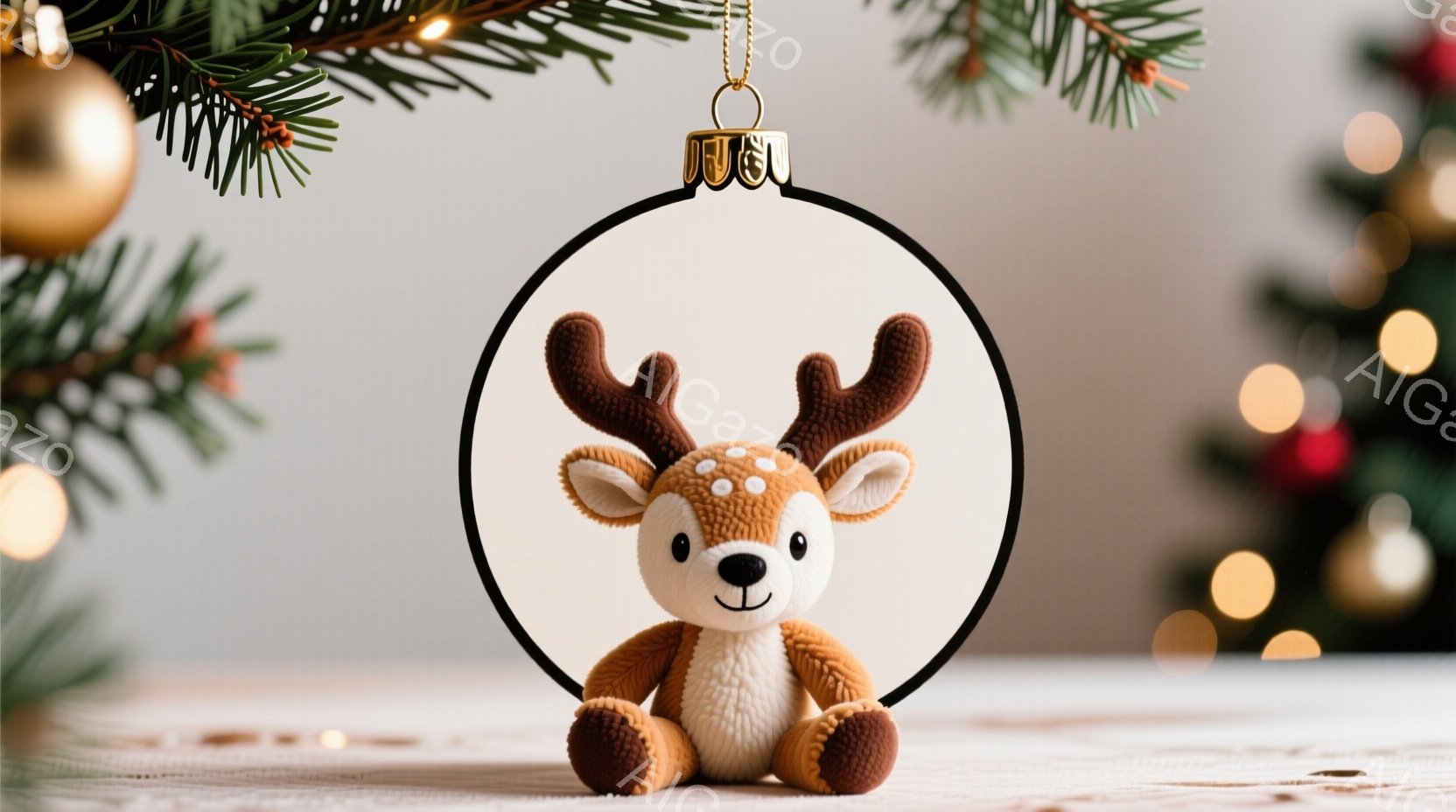 白い背景に、かわいらしいトナカイのぬいぐるみが入ったクリスマスオーナメントが吊り下げられています。トナカイは茶色の胴体に白い足、愛らしい顔をしており、穏やかな表情を浮かべています。背景にはぼやけたクリ - AI生成フリー素材