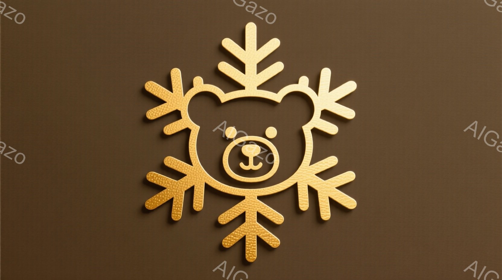 黄金色の雪の結晶の形をしたイラストです。中央には、丸い顔に小さな黒い目と口を持つ、可愛らしいクマの顔が描かれています。背景は濃い茶色で、立体感のある雪の結晶とクマの顔が際立っています。