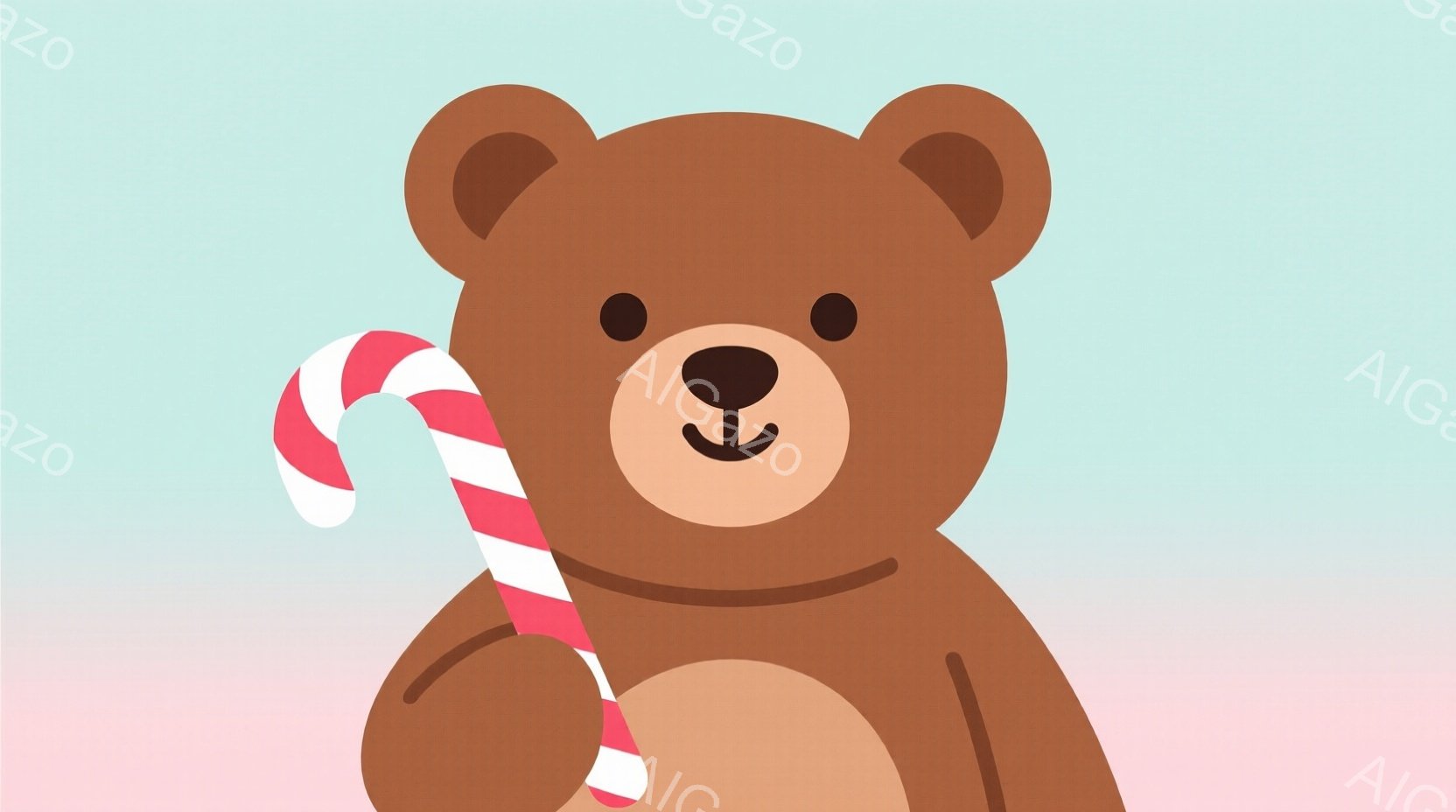 濃い茶色のテディベアが、左手に赤と白の縞模様のキャンディケーンを持っています。ベアは正面を向き、わずかに微笑んでいるようで、背景は淡いピンクと水色のグラデーションです。 全体的に暖かく、可愛らしい雰囲 - AI生成フリー素材