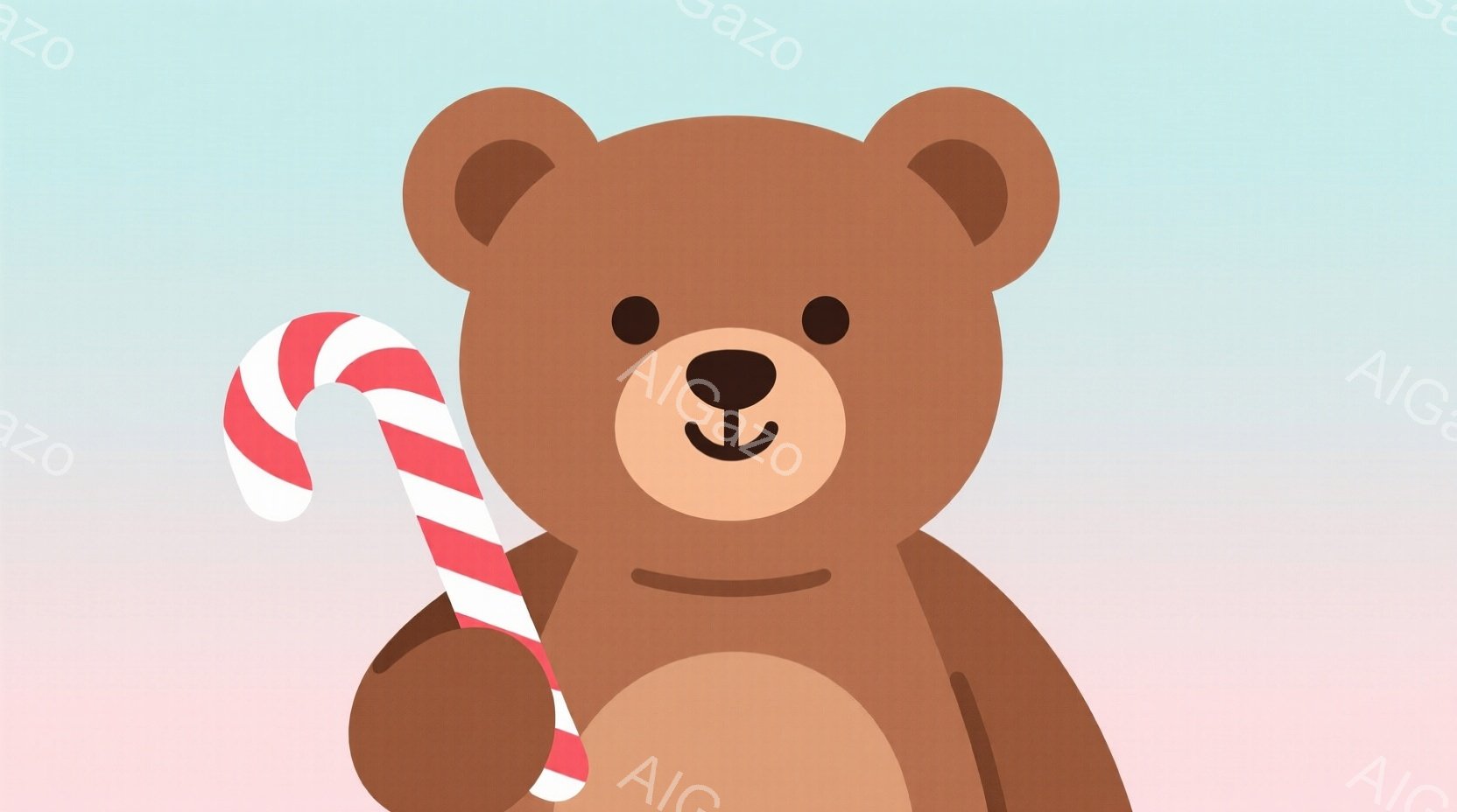 茶色のテディベアが描かれており、片手に白と赤の縞模様のキャンディケーンを持っています。ベアは正面を向き、穏やかな表情で、丸みを帯びた体つきをしています。背景は淡いピンクと白のグラデーションで、全体的に暖かく、可愛らしい雰囲気です。