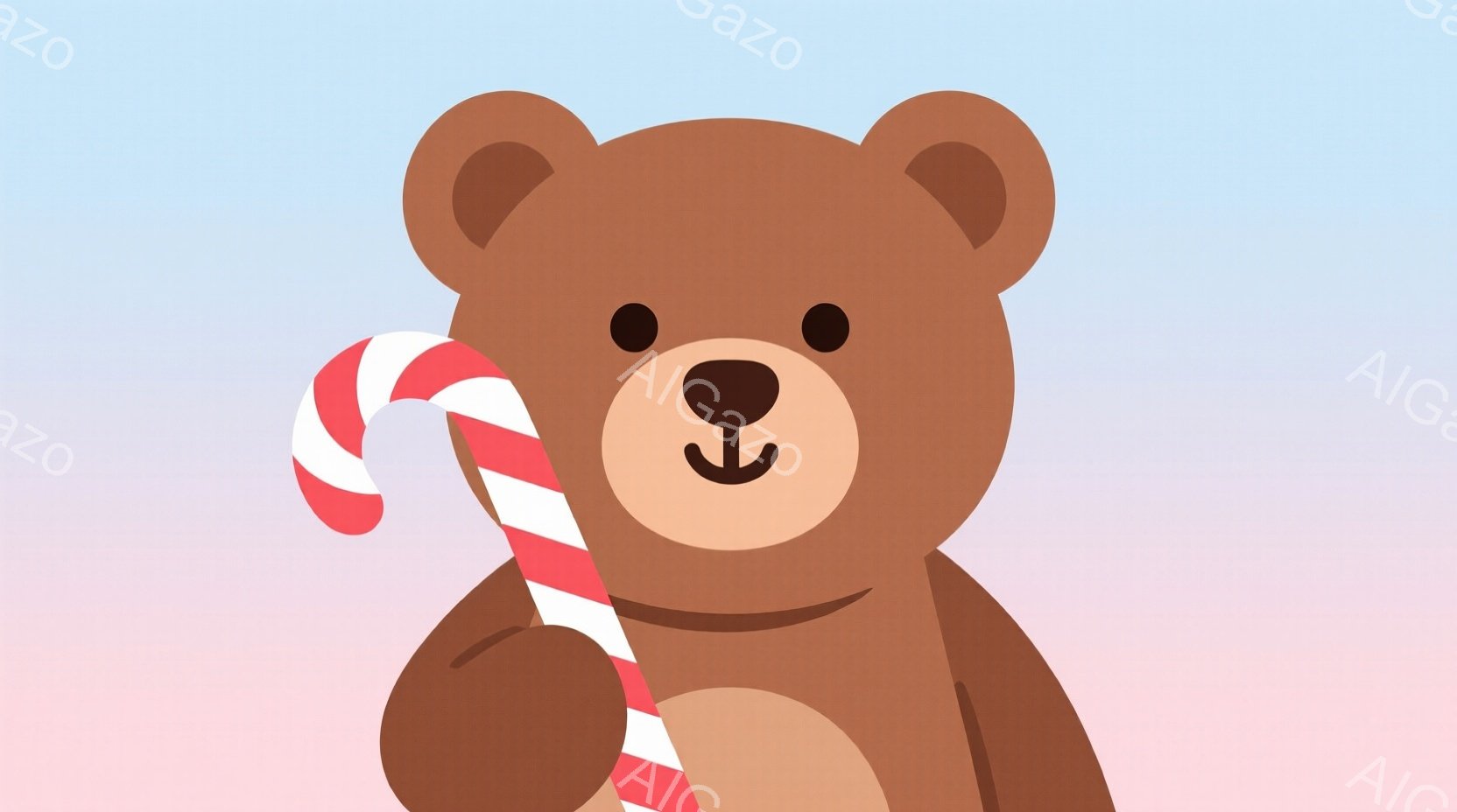 茶色いテディベアが、左手にピンクと白の縞模様のキャンディケーンを持っています。ベアは正面を向いており、穏やかで幸せそうな表情をしています。背景はピンクと紫のグラデーションで、柔らかく暖かい雰囲気を醸し出しています。