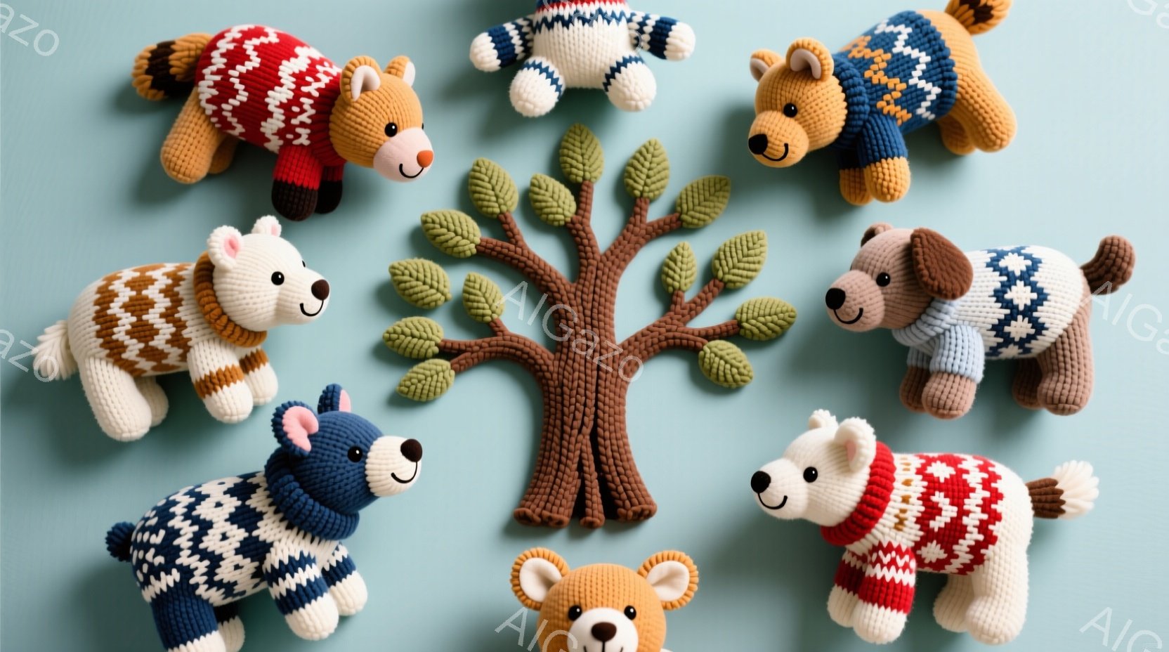 浅い水色の背景に、編み物で作られた様々な動物たちが配置されています。各動物はそれぞれ異なる色のセーターを着ており、愛らしい表情をしています。中央には茶色の木のシルエットがあり、全体的に暖かく、手作り感のある雰囲気が漂っています。