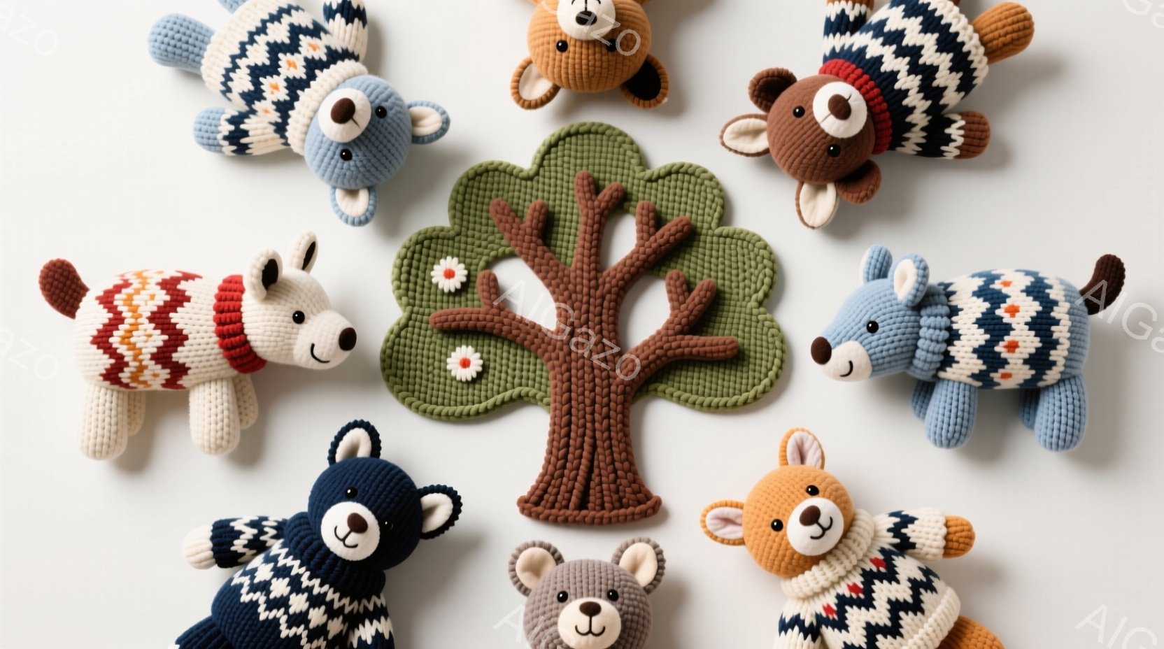 白い背景の上に、様々な色の編みぐるみクマたちが配置されています。クマたちはそれぞれ異なる模様のセーターを着ており、可愛らしい表情をしています。中央には緑色の葉と茶色の幹を持つ木の編みぐるみがあり、全体的に温かく、遊び心あふれる雰囲気です。