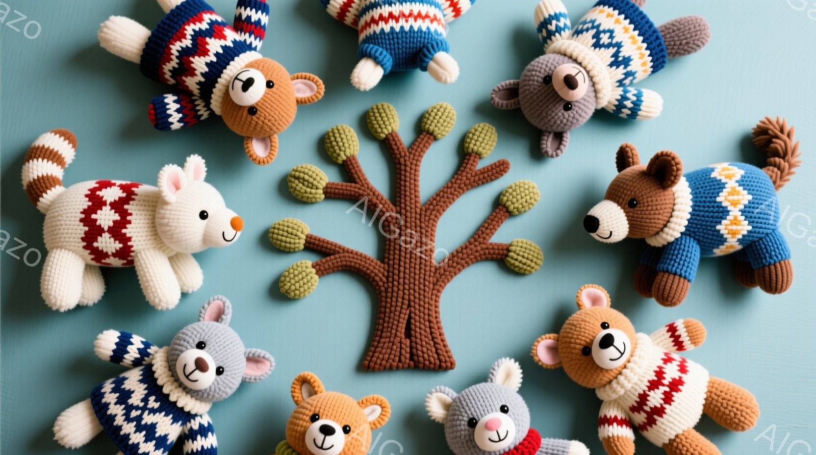 鮮やかな水色の背景に、手編みの動物たちが円形に配置されています。それぞれの動物は、カラフルなセーターを着ており、表情は愛らしく、可愛らしい姿を見せています。中央には茶色の編み物の木があり、全体的に温かく、遊び心のある雰囲気を醸し出しています。