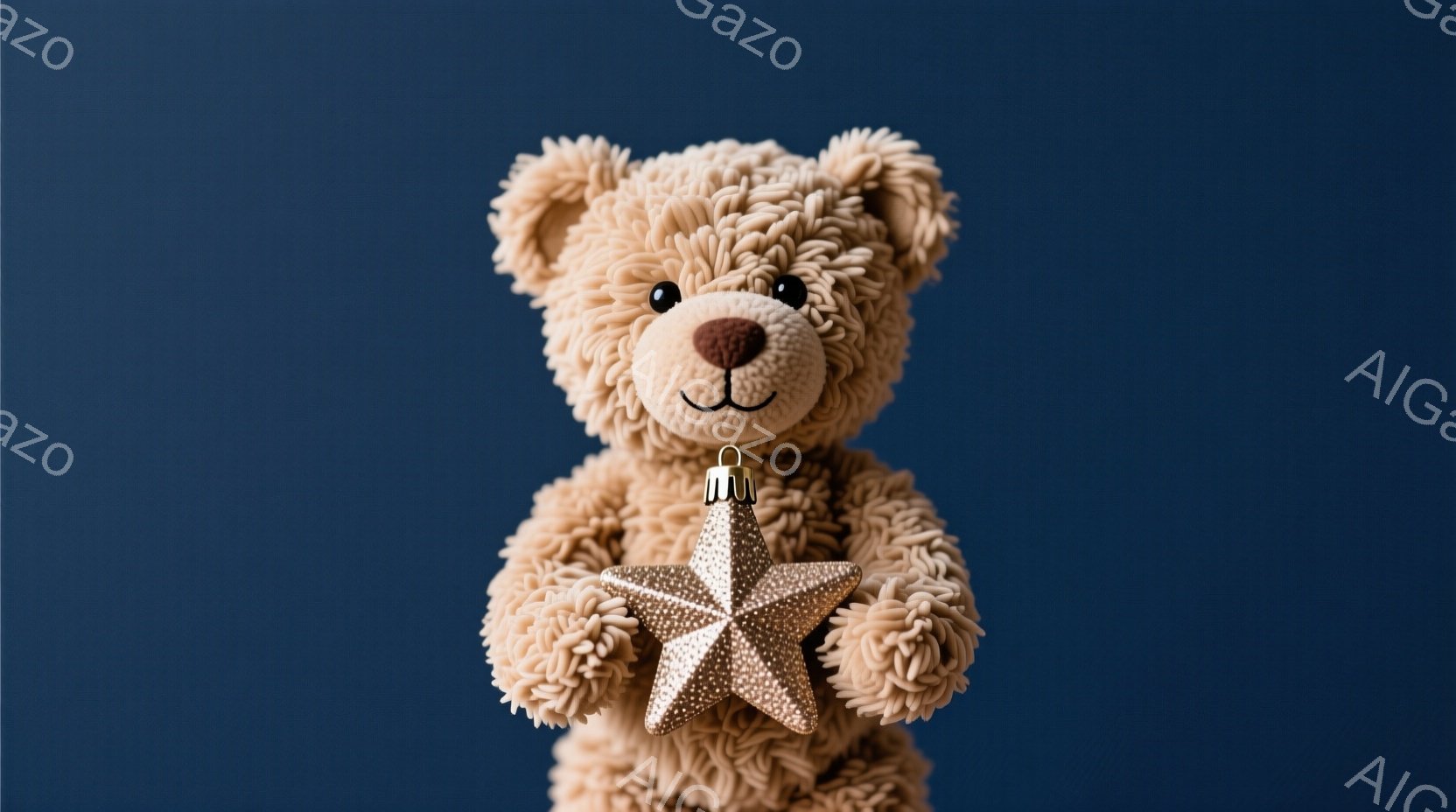 ふわふわの茶色のテディベアが、きらきらと輝く金の星のオーナメントを両手で抱えています。ベアは丸くて優しい表情をしており、背景は濃い青色で、テディベアが際立っています。全体的に、温かく、ほのぼのとした雰 - AI生成フリー素材