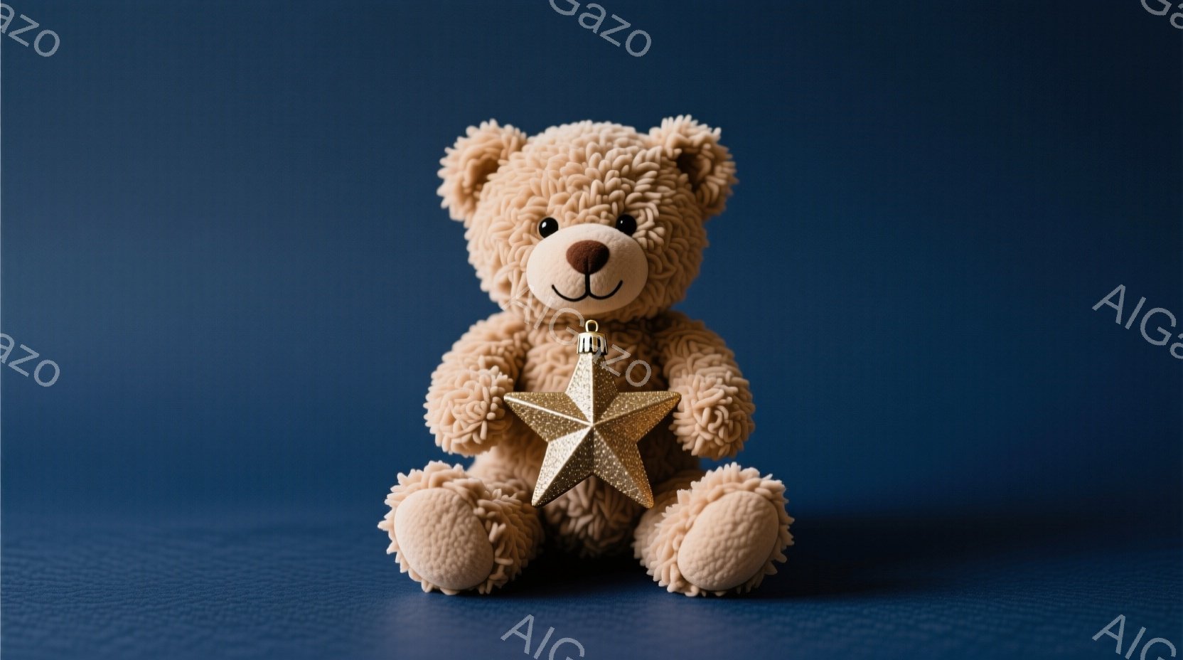 ふわふわのベージュ色のテディベアが、濃い青色の背景を前に座っています。片手に金色の星のオーナメントを持っており、愛らしい表情をしています。全体的に温かく、優しい雰囲気の画像です。 - AI生成フリー素材