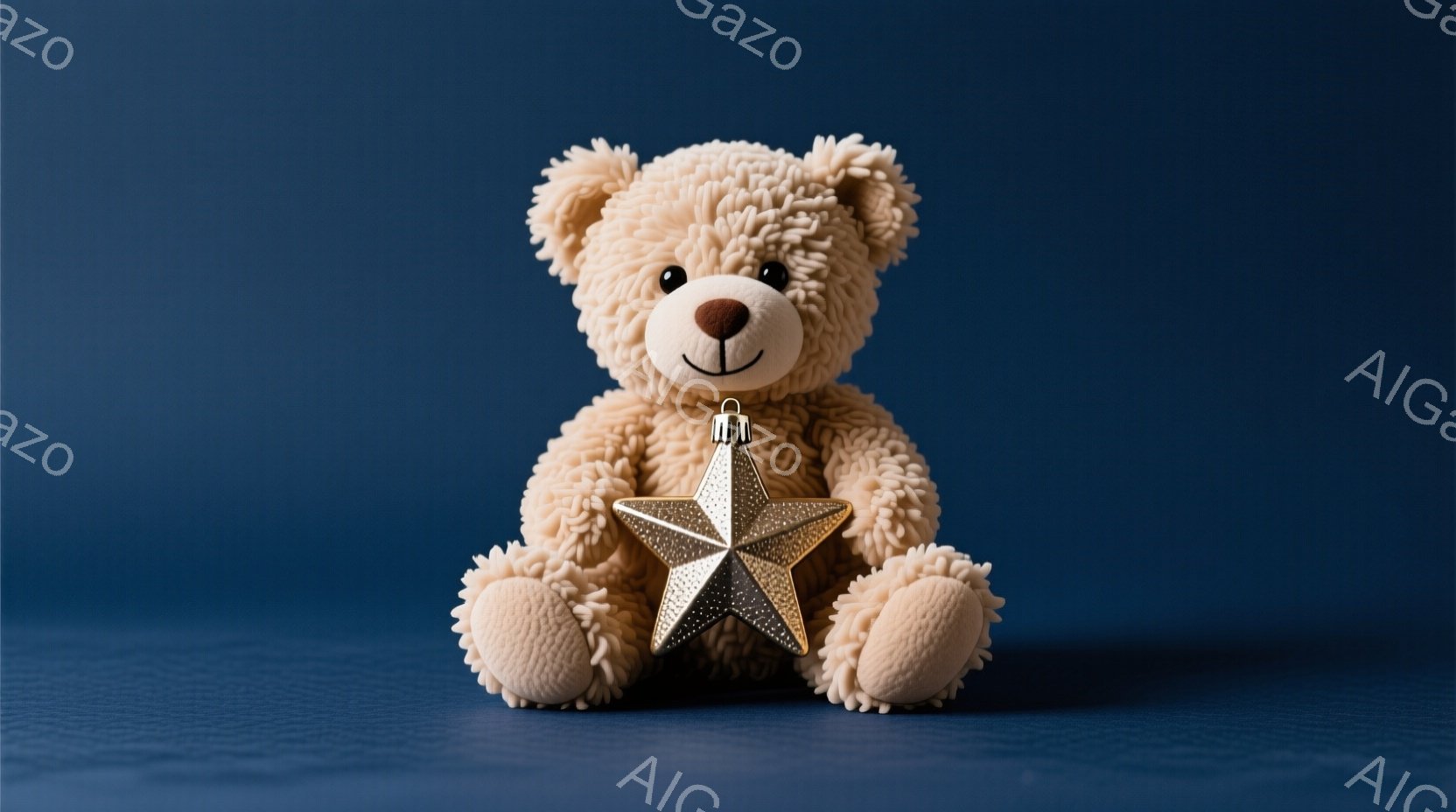 淡いベージュ色のテディベアが、濃い青色の背景を前に座っています。ベアは前足で金色の星の飾りを抱きかかえ、穏やかで優しい表情をしています。全体的に落ち着いた雰囲気で、温かさと可愛らしさが感じられます。 - AI生成フリー素材