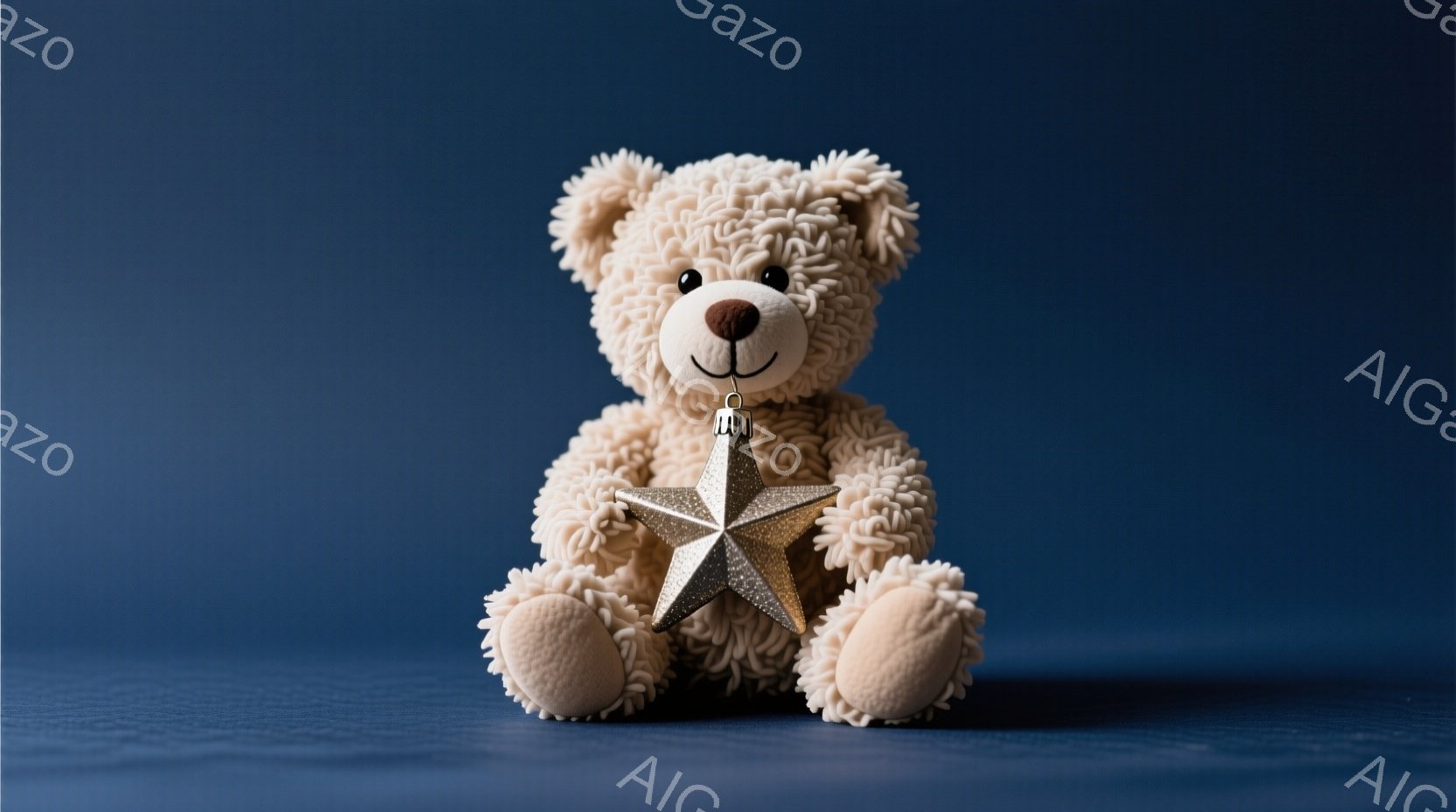 クリーム色のモフモフとしたテディベアが、濃い青色の背景を前に座っています。テディベアはキラキラと輝く金の星のオーナメントを首から下げ、愛らしい表情をしています。全体的に暖かく、穏やかな雰囲気を感じさせます。