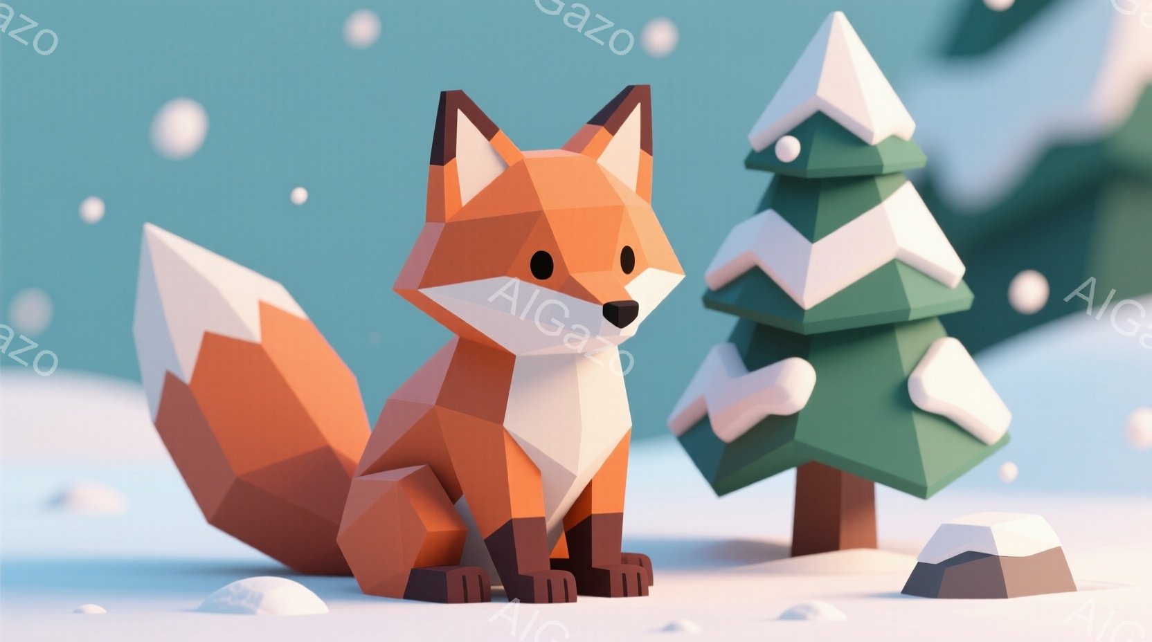 鮮やかなオレンジ色の、幾何学的なフォルムの狐が雪の上に座っています。背景には、雪を被った緑色の三角形の木が２本と、ところどころに白い雪が散らばっています。全体的に、シンプルで可愛らしい冬の風景が表現さ - AI生成フリー素材