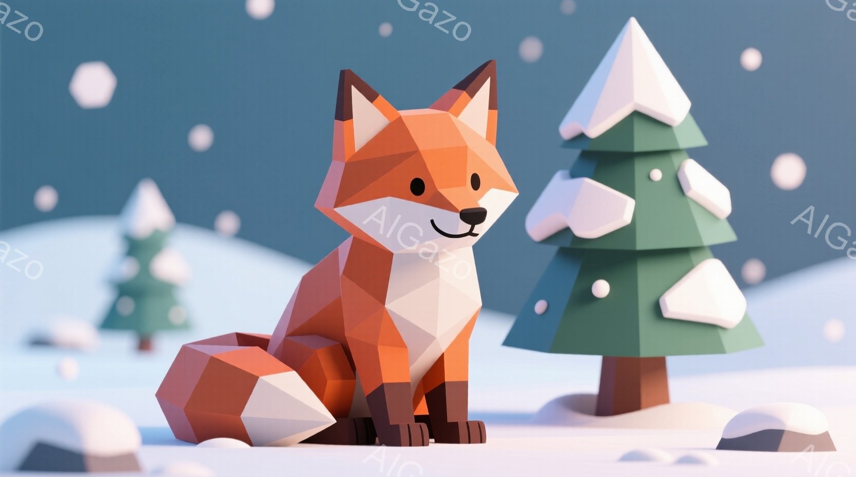 鮮やかなオレンジ色の三角形で構成された狐が、雪の上に座っています。背景には、雪を頂いた三角形のクリスマスツリーが数本と、白い雪が舞う冬の風景が広がっています。全体的に暖かく、シンプルで幾何学的なデザイ - AI生成フリー素材
