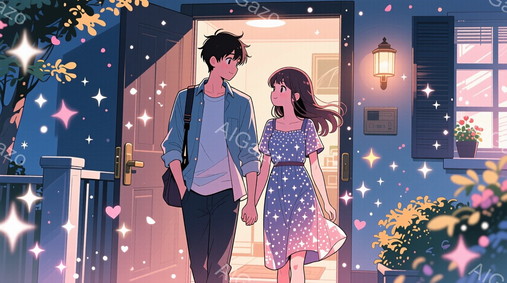 若い男女が手をつないで家の玄関から出てくる様子が描かれています。男性はデニムジャケットと白いTシャツを着ており、女性は水玉模様のワンピースを着ています。背景には夜空に輝く星、家の前に咲く黄色い花、そし - AI生成フリー素材