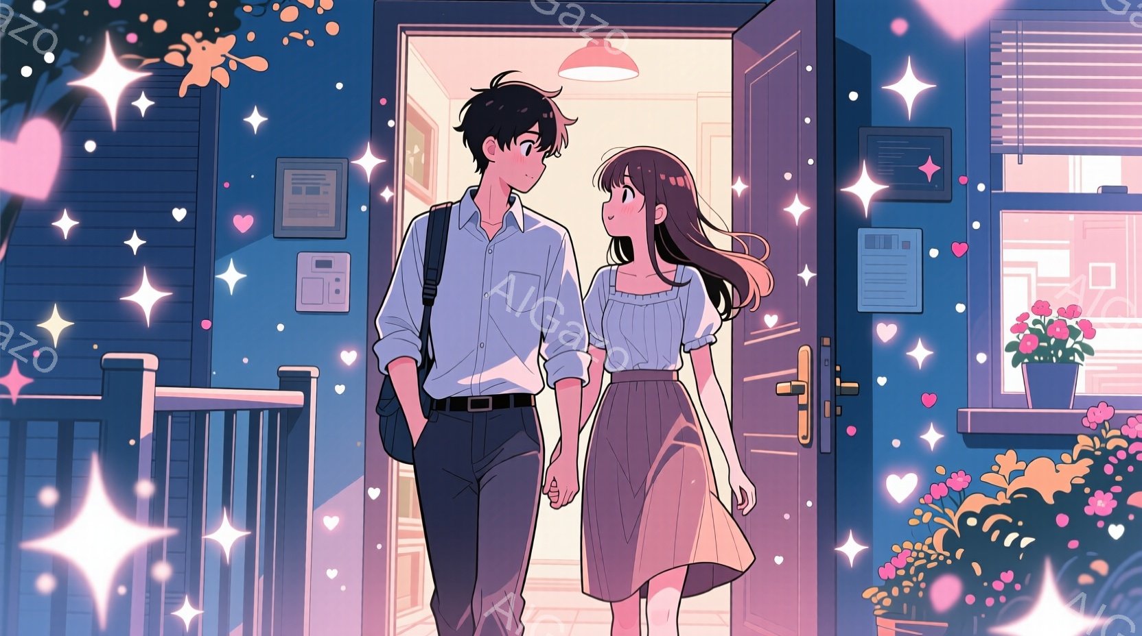 紺色の髪の男性は、白いシャツに濃いグレーのズボンを着用し、肩にバッグをかけている。彼は少し微笑んでおり、ピンク色のドレスを着た茶色の長い髪の女性と手を繋いでいる。背景は、夜の青い建物と輝く星が散りばめ - AI生成フリー素材