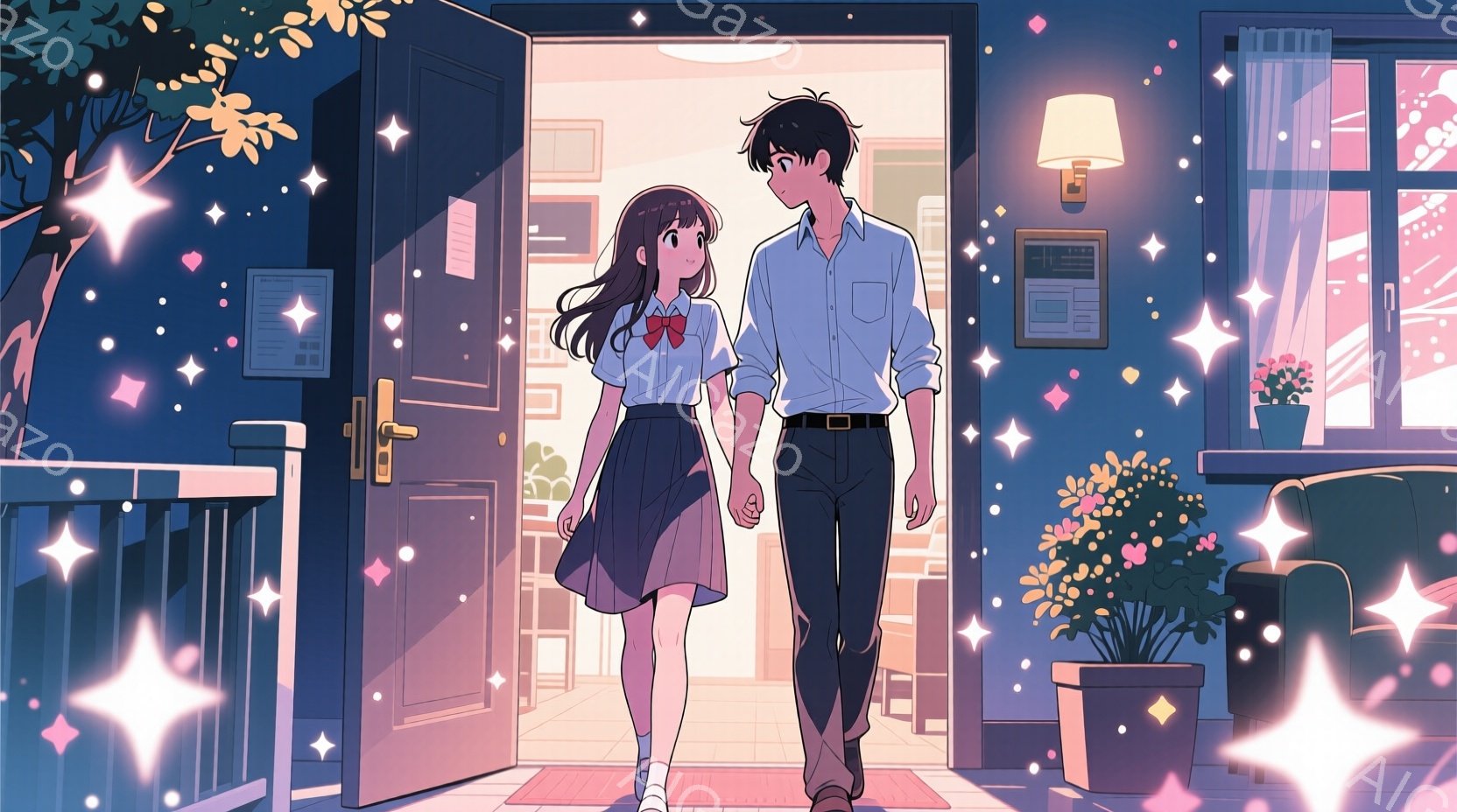 長い髪を後ろで結んだ少女と、短髪の少年が手をつないで建物の入り口から歩き出している。少女は白いシャツにスカート、少年は白いシャツにズボンを着用しており、周囲にはキラキラとした光が舞っている。建物内部は - AI生成フリー素材