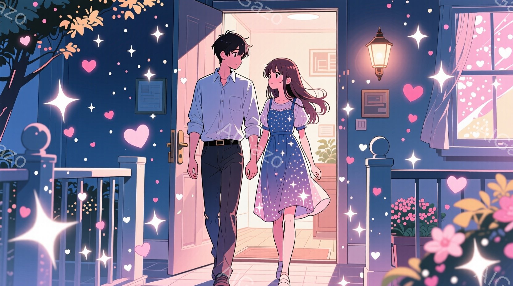 夜の穏やかな光の中で、若い男女が手をつないで家に入ろうとしている様子が描かれている。男性は白いシャツに黒いズボン、女性は水色の短いドレスを着ており、女性は長いウェーブヘアで、優しげな表情をしている。背 - AI生成フリー素材