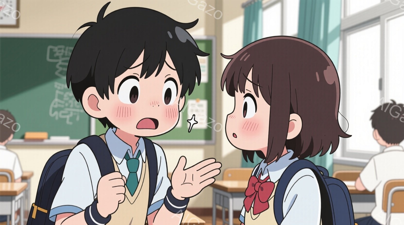 制服を着た少年と少女が描かれています。少年は茶色の髪で、驚いた表情で口を開けており、右手を挙げて何かを説明しているようです。少女は赤いリボンを結んだ茶色の髪で、頬を赤らめ、少し戸惑った表情をしています - AI生成フリー素材