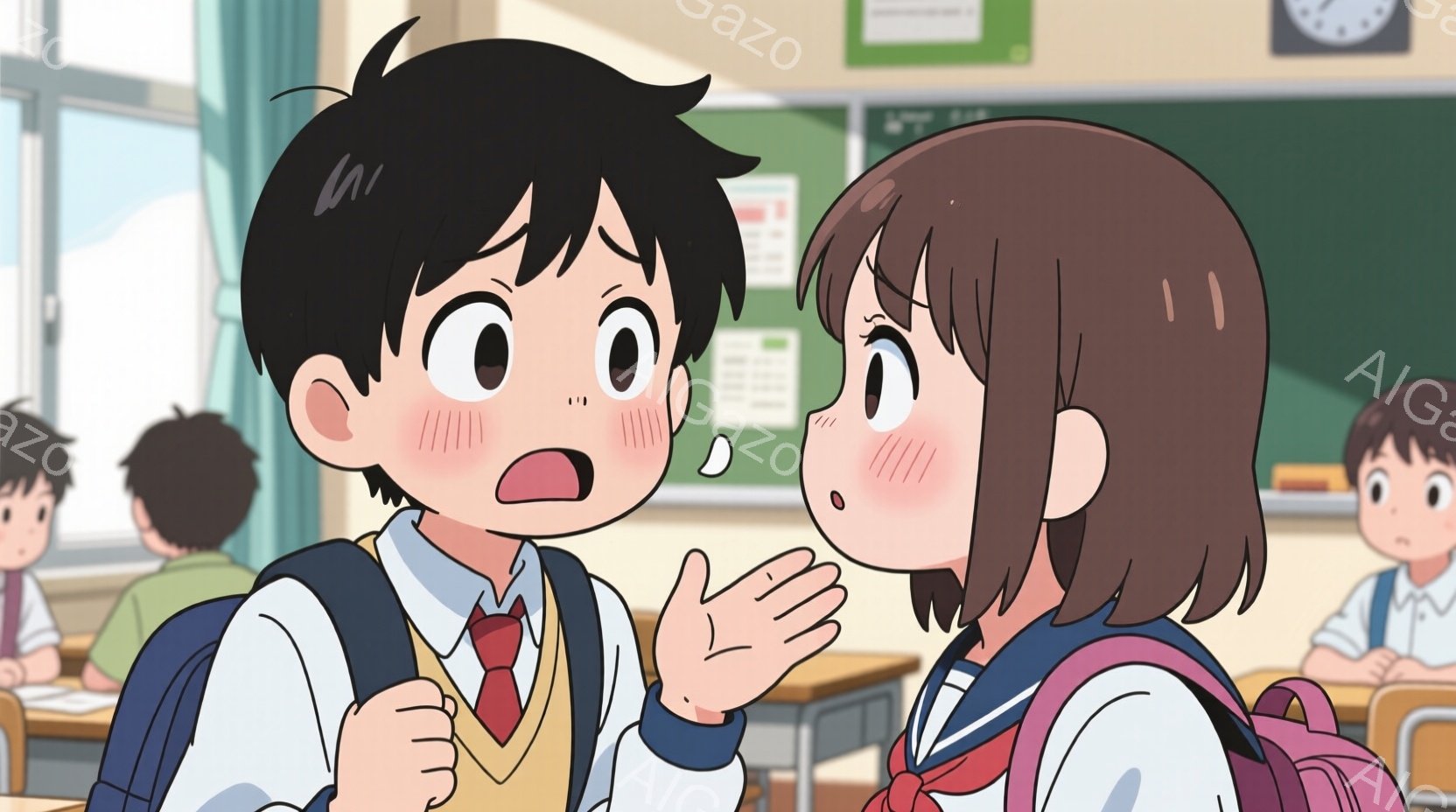 教室のシーンで、驚いた表情の少年と、少し照れた様子の少女が描かれています。少年は紺色のブレザーに黄色のベスト、赤いネクタイを着用し、少女はセーラー服を着ています。教室には他の生徒もおり、黒板には何かの - AI生成フリー素材