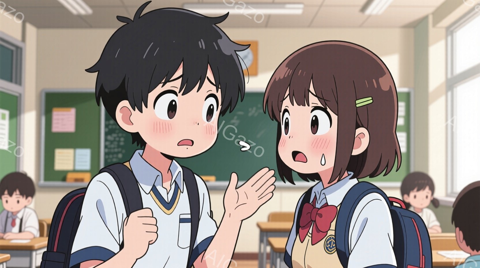 教室の内部で、制服を着た男女の生徒が描かれている。男の子は黒髪で、驚いた表情で片手を挙げている。女の子は茶髪のボブヘアで、頬を赤らめて何かを説明しているような仕草をしている。 - AI生成フリー素材