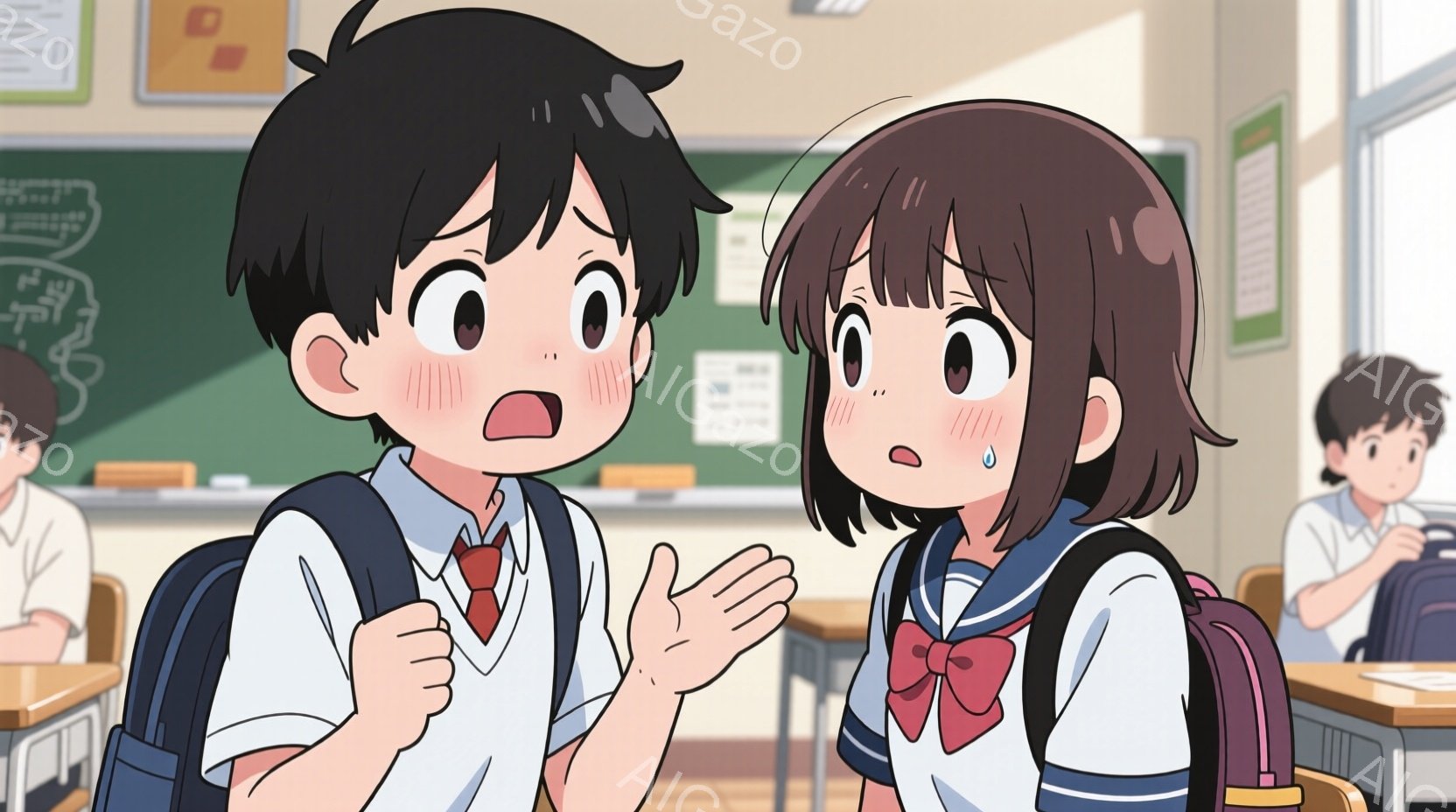 教室で驚いた表情の少年と涙を浮かべた少女が描かれています。少年は紺色のブレザーに白いシャツ、赤いネクタイを着用し、髪は黒く整えられています。少女はセーラー服に赤いリボンをつけ、肩までの茶色のボブヘアで - AI生成フリー素材