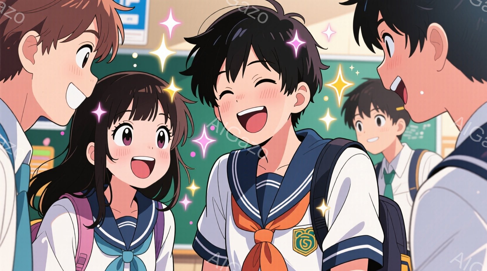 制服を着た数人の高校生を描いています。中央の少年は大きく笑い、頬を赤らめており、他の生徒たちも楽しそうな表情をしています。背景には教室の一部が見え、明るく活気のある雰囲気が感じられます。 - AI生成フリー素材