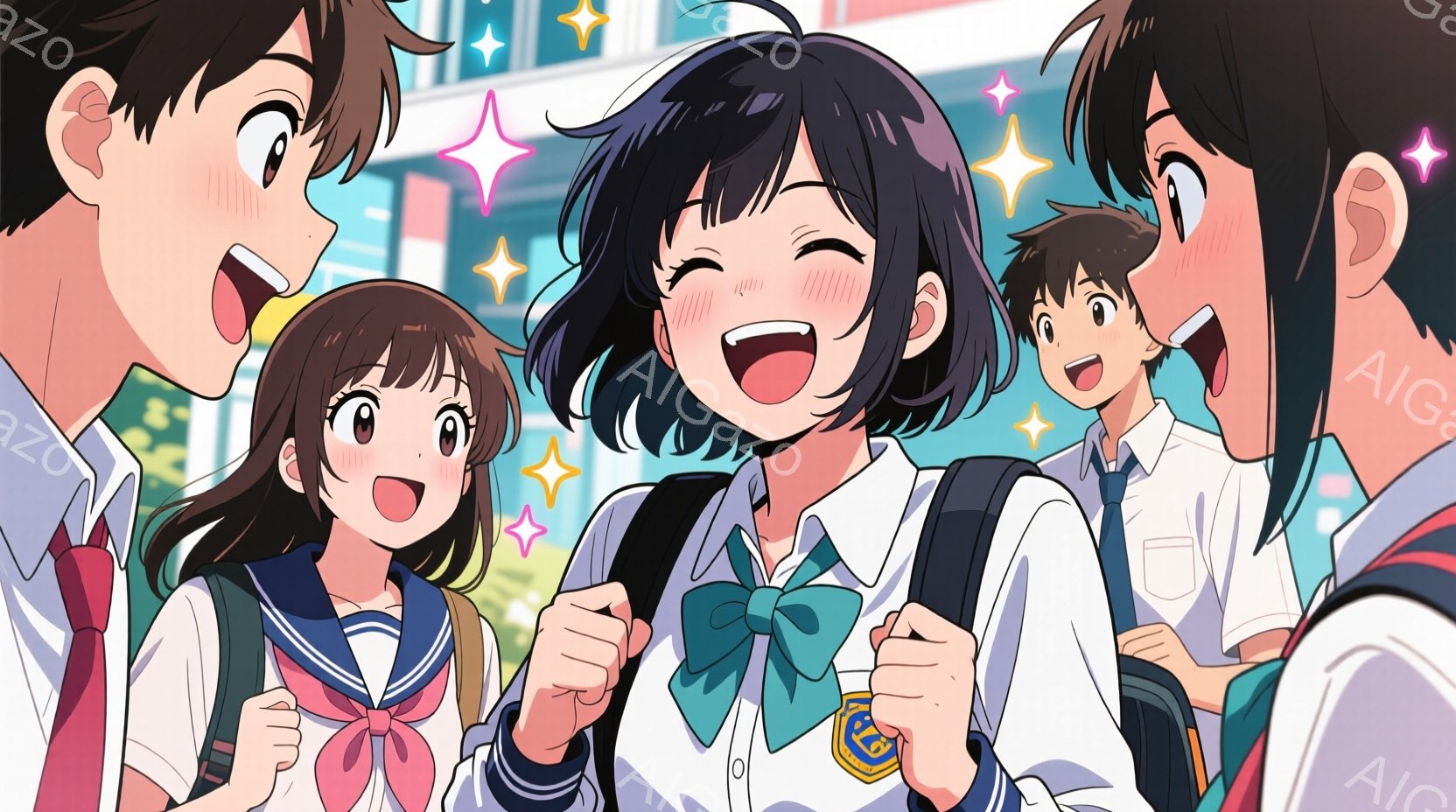 制服を着た男女のグループが写っています。女の子は短い黒髪で、笑顔で両手を握りしめています。背景には、明るい日差しが差し込む学校の建物と、キラキラと輝くエフェクトが描かれており、全体的に活気のある、喜び - AI生成フリー素材