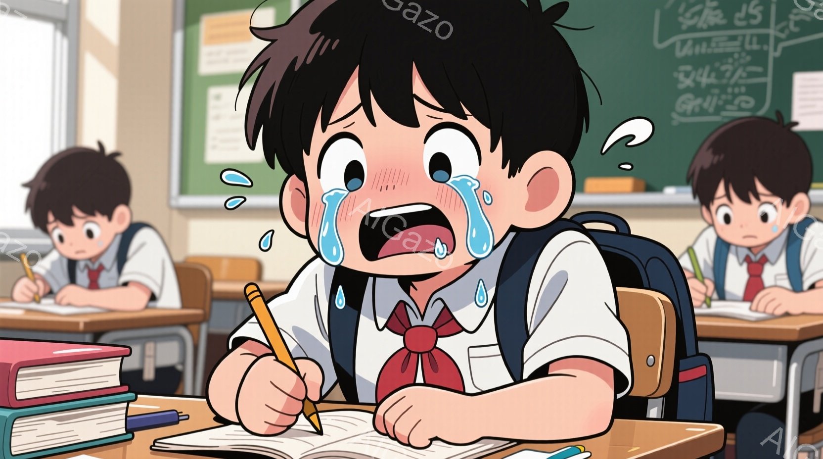 教室の中に座っている少年が描かれています。彼は制服を着ており、髪は黒く、顔は非常に苦痛な表情で、大きな涙が流れています。背景には他の生徒たちが座っており、机の上には本や鉛筆が置かれています。