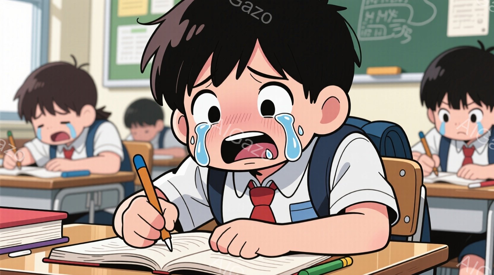 制服を着た少年が授業中に苦悶の表情を浮かべている。彼は鉛筆を手にし、開いた教科書に何かを書こうとしているが、大きな涙が頬を伝い、困惑と絶望が伝わってくる。教室には他の生徒もおり、皆同じ制服を着ており、集中して授業を受けている様子だが、少年だけが異様な状況にある。