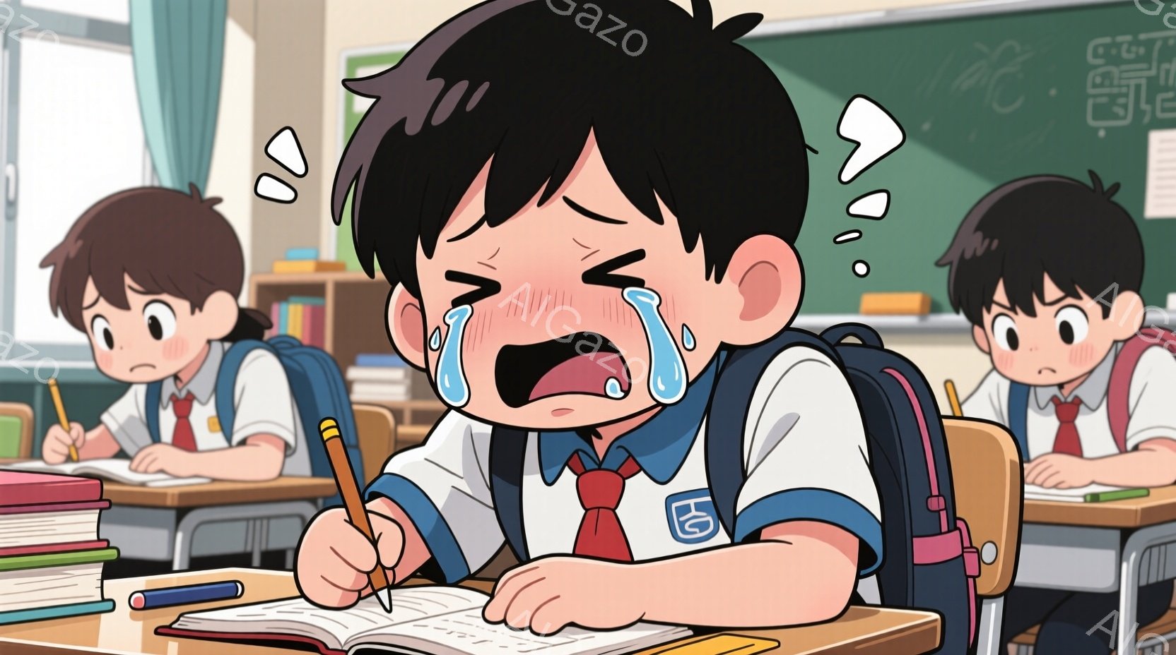 教室で、少年は涙を流しながら机に向かっている。彼は制服を着ており、髪型は短く黒い。背景には他の生徒たちが座っており、黒板には何らかの文字が書かれているが、全体的に、苦悩と集中が入り混じった、緊迫した雰 - AI生成フリー素材