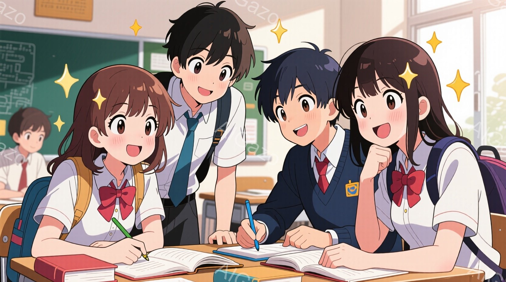 教室の机を囲んで、制服を着た男女の学生たちが描かれています。女の子は茶色の髪で、赤いリボンをつけ、机に肘をついて笑顔でこちらを見ています。男の子は黒髪で、ペンを手にノートに書き込みながら、もう一人の女 - AI生成フリー素材