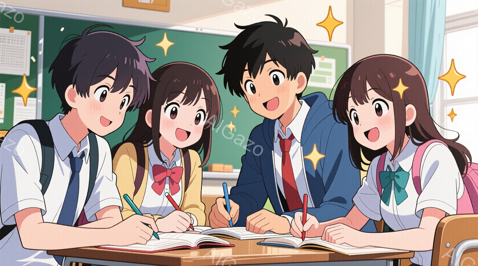 教室の中で、制服を着た男女4人が机を囲んで勉強している様子が描かれています。女の子は黄色とピンクのセーターを着ており、青と緑のリボンをつけています。少年は白いシャツにネクタイ、制服のジャケットを着てお - AI生成フリー素材