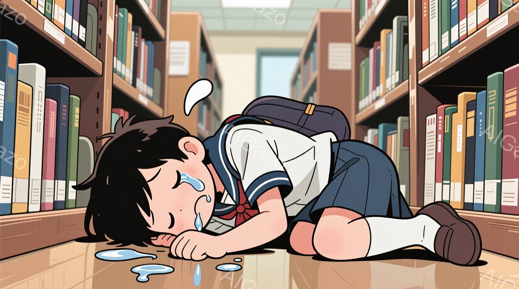 図書館の床に膝をついて泣いている黒髪の少年が描かれています。制服を着ており、白いシャツにネクタイ、紺色のブレザー、膝下までの白いソックス、黒い靴を履いています。背景には、たくさんの本が並んだ書架が続き - AI生成フリー素材